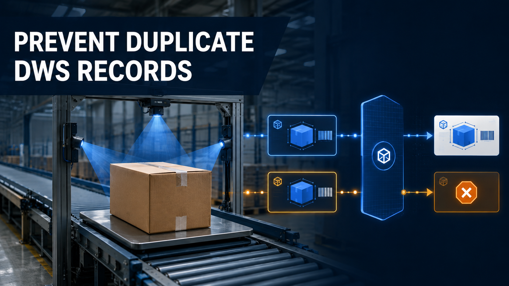 Prevent Duplicate DWS Records title above a parcel capture workflow where one record is accepted and a duplicate is blocked