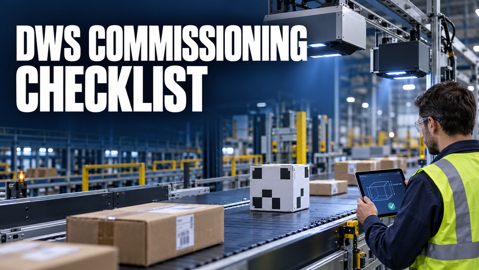 Engineer commissioning a parcel DWS system with a calibration reference and large checklist title
