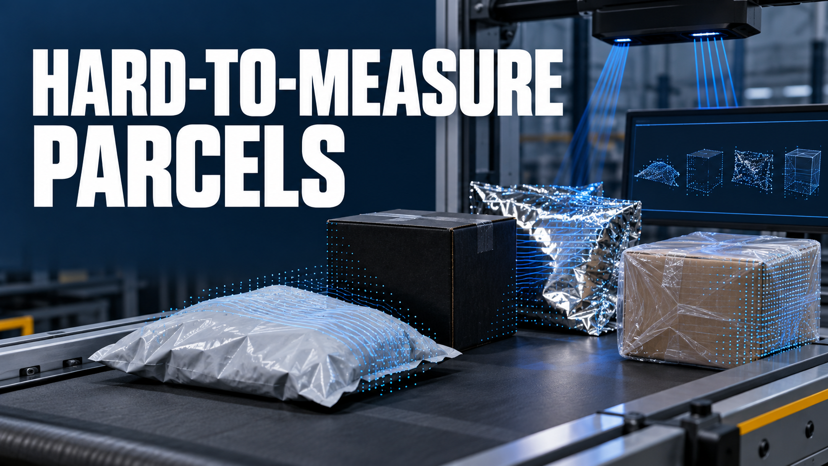 Soft black reflective and transparent parcels under blue 3D scan lines with large hard-to-measure title