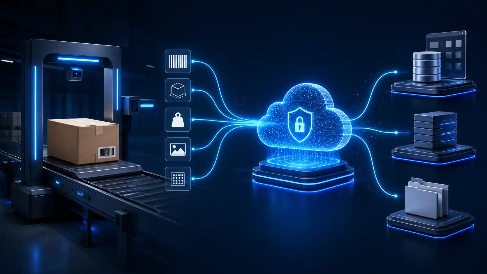 Illustration of DWS data flowing from parcel capture equipment to cloud and customer systems