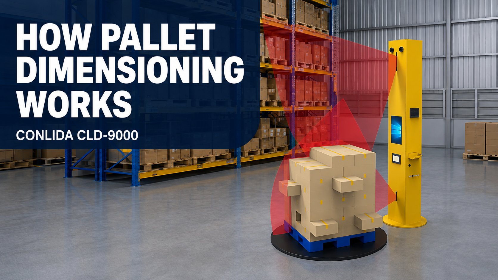 How Pallet Dimensioning Works title beside a real CONLIDA CLD-9000 measuring a loaded pallet