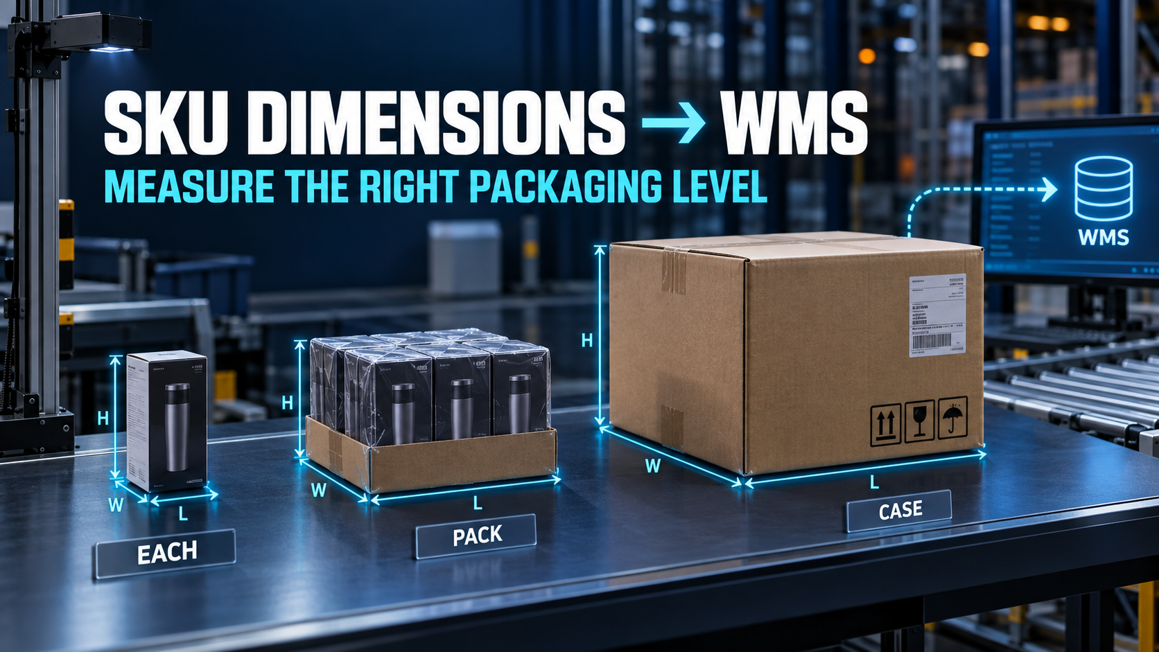 SKU Dimensions to WMS cover showing each, pack and case levels measured before an item master update