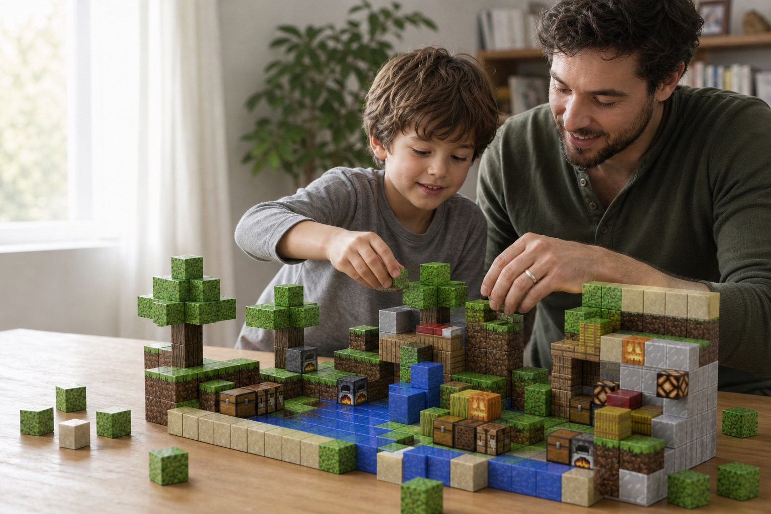 A parent and child building a colorful block world together
