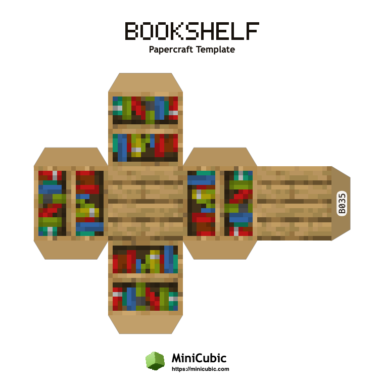 Bookshelf Minecraft papercraft template with printable fold tabs