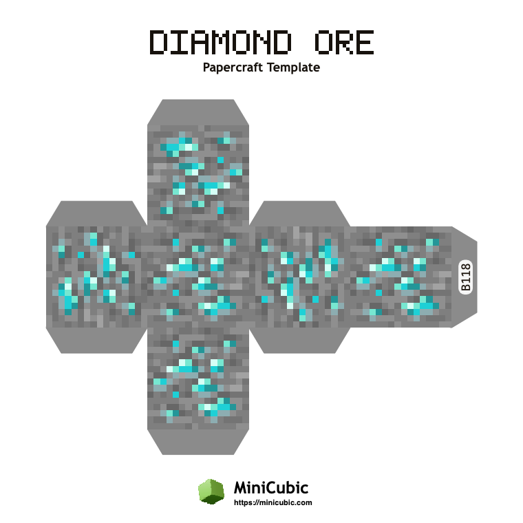 Diamond Ore Minecraft papercraft template with printable fold tabs
