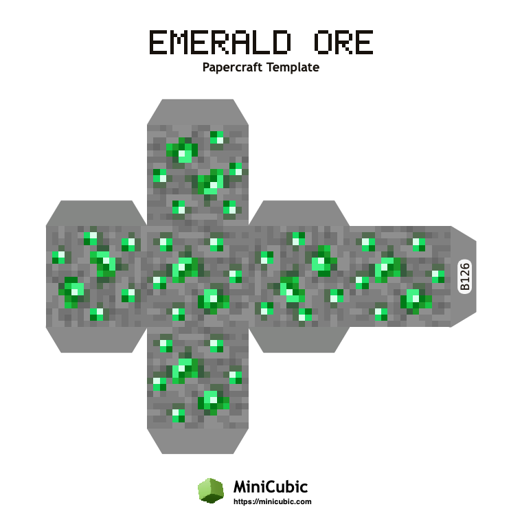 Emerald Ore Minecraft papercraft template with printable fold tabs
