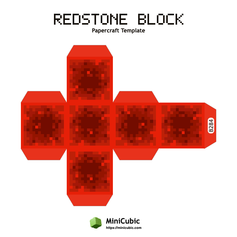 Redstone Block Minecraft papercraft template with printable fold tabs