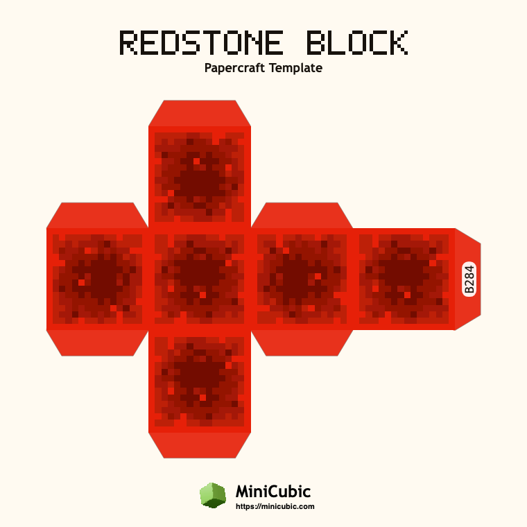 Redstone Block Minecraft papercraft template with printable fold tabs