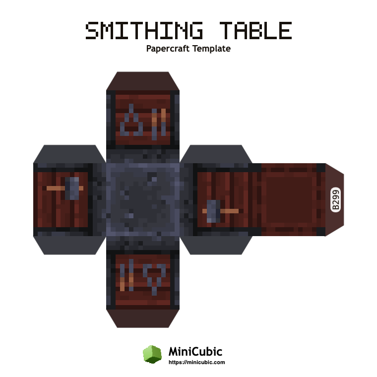 Smithing Table Minecraft papercraft template with printable fold tabs