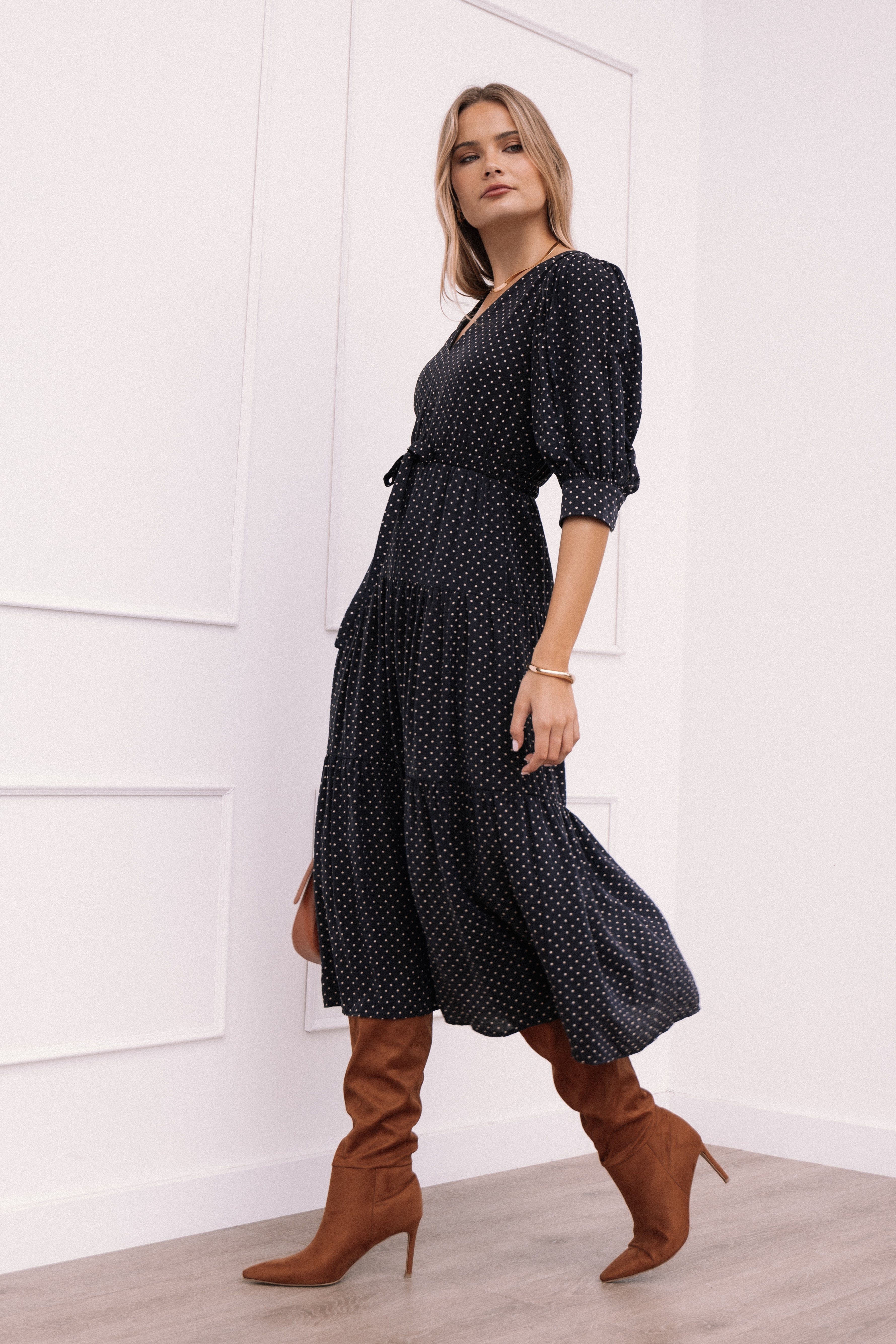 Moscow Midi Dress - Black Polka Dot-Aur Fashion
