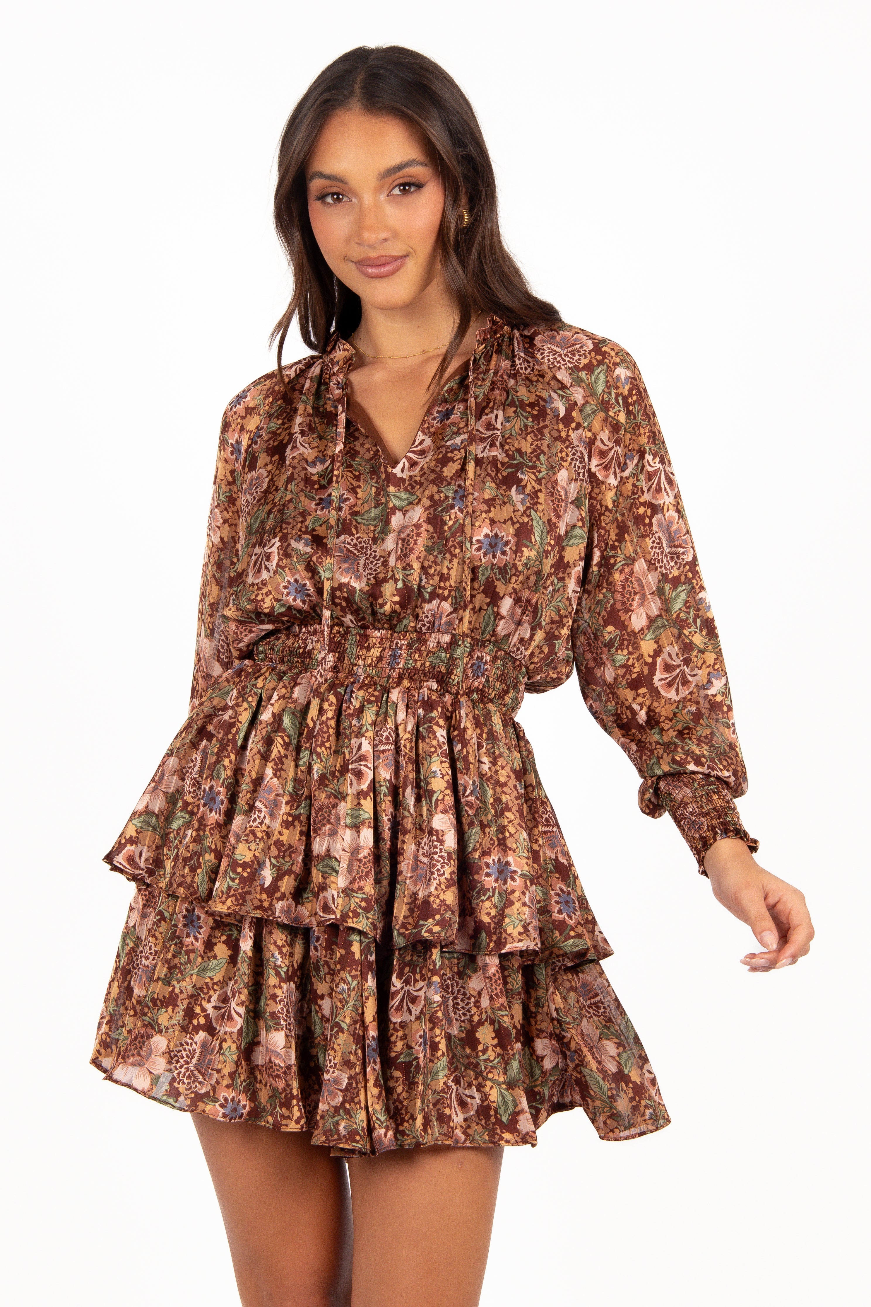 Alby Long Sleeve Mini Dress - Chocolate Brown-Aur Fashion