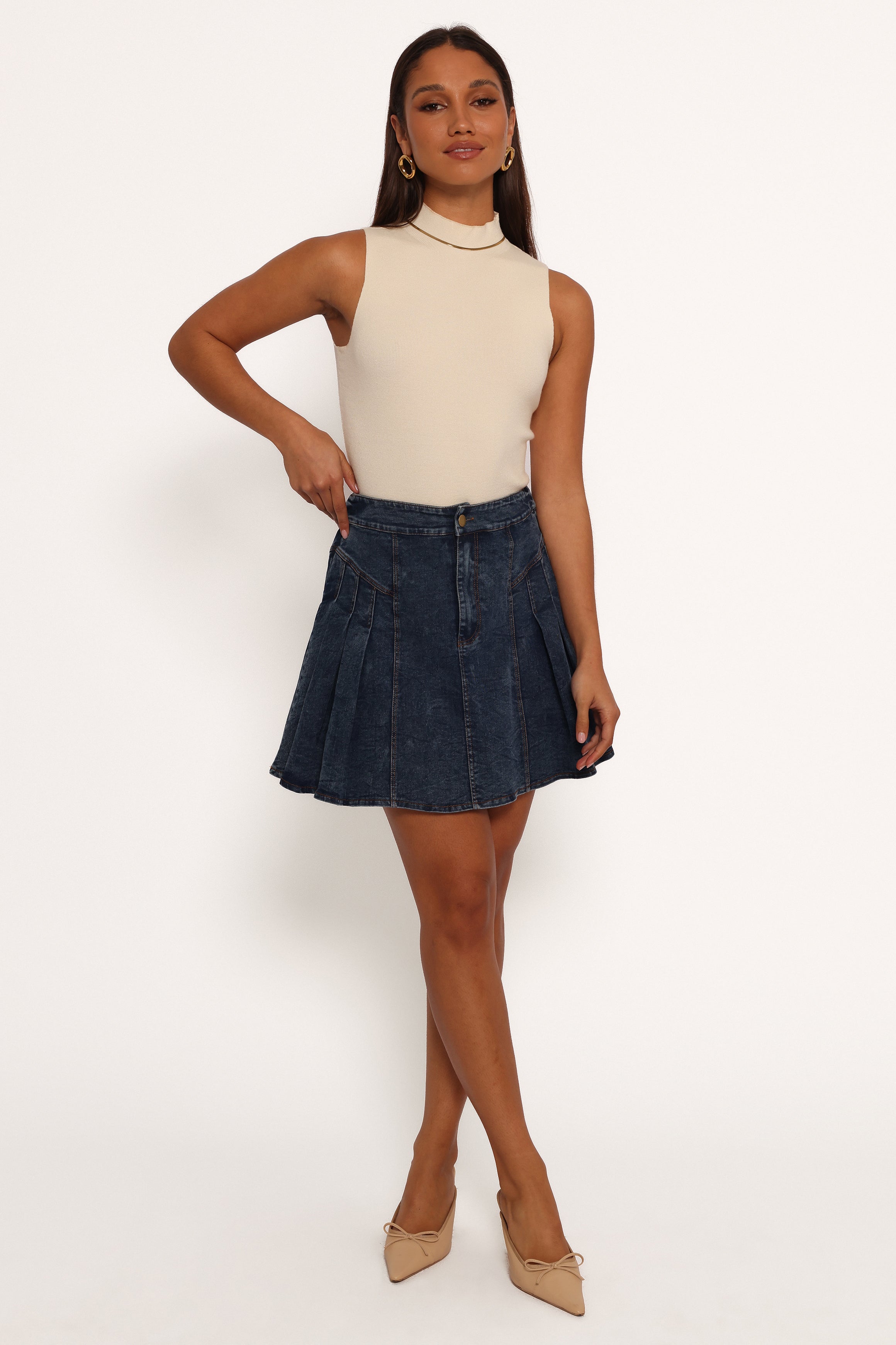 Alek Pleated Mini Skirt - Mid Wash Denim-Aur Fashion