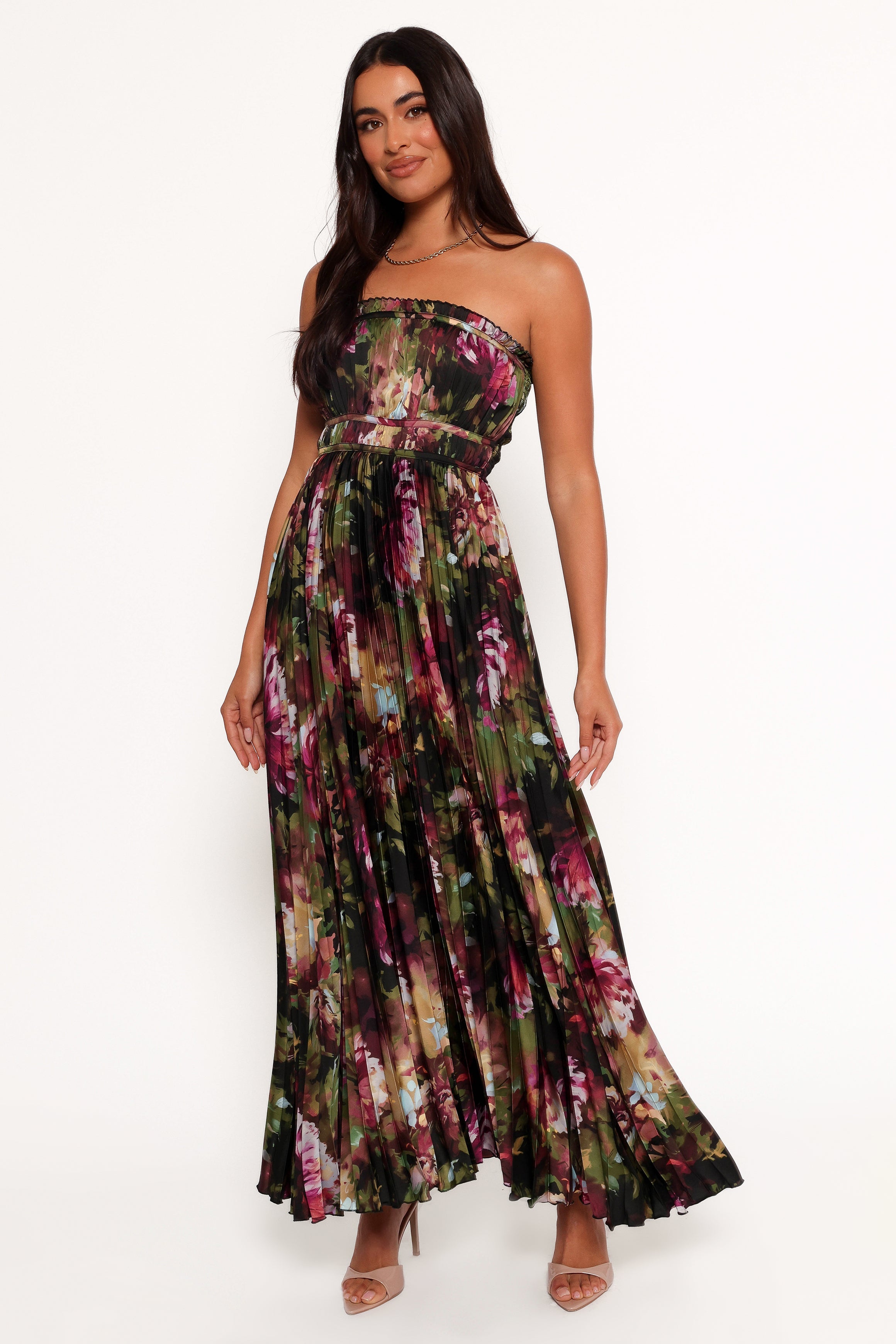 Angelique Strapless Maxi Dress - Grey Blurred Floral-Aur Fashion