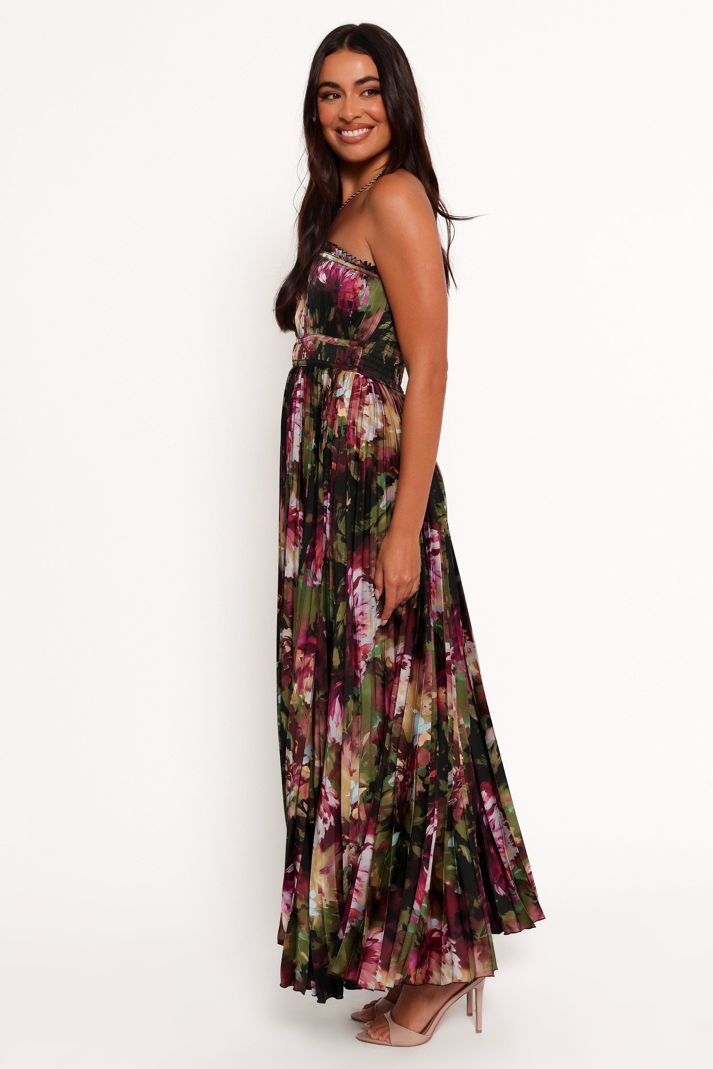 Angelique Strapless Maxi Dress - Grey Blurred Floral-Aur Fashion