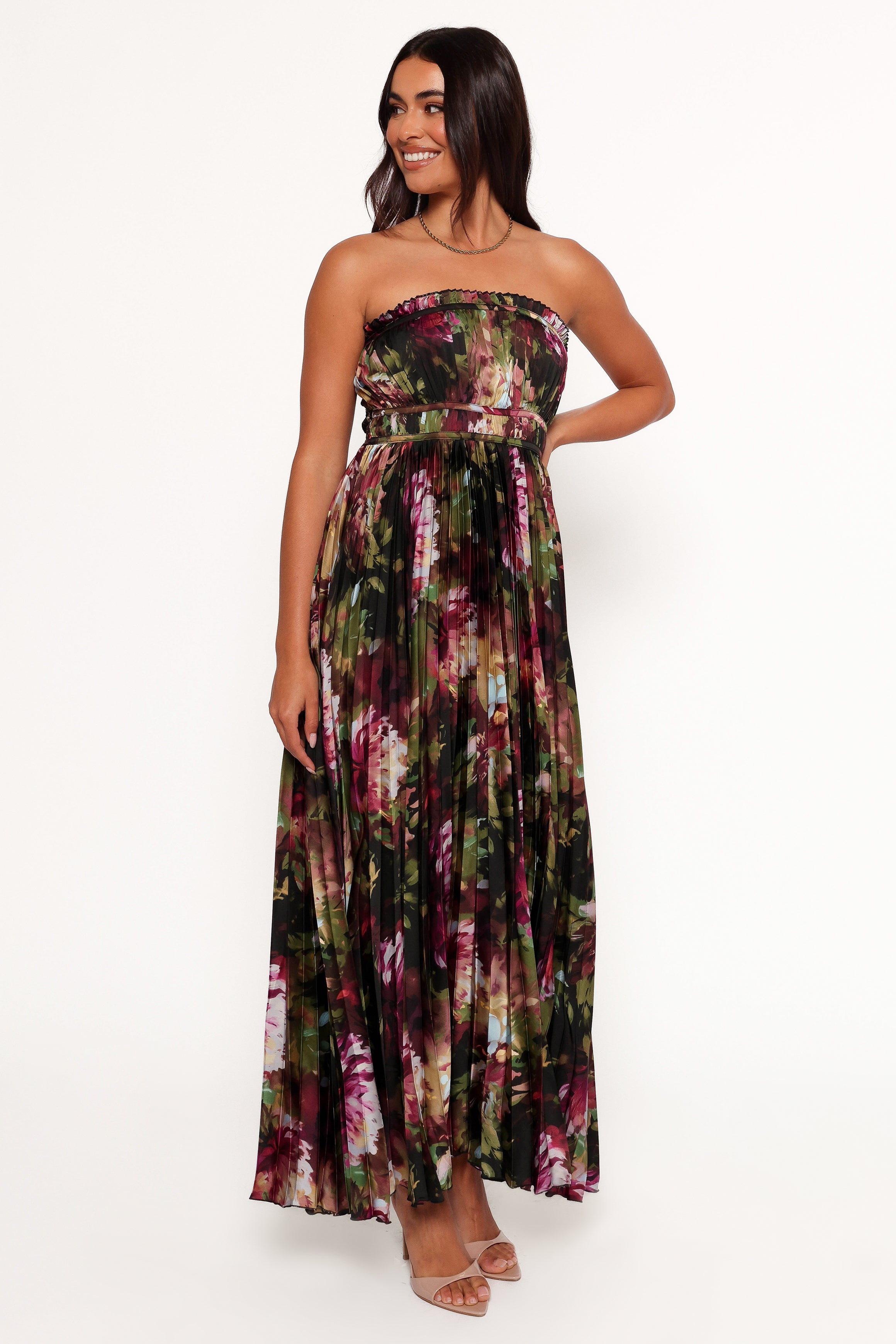 Angelique Strapless Maxi Dress - Grey Blurred Floral-Aur Fashion