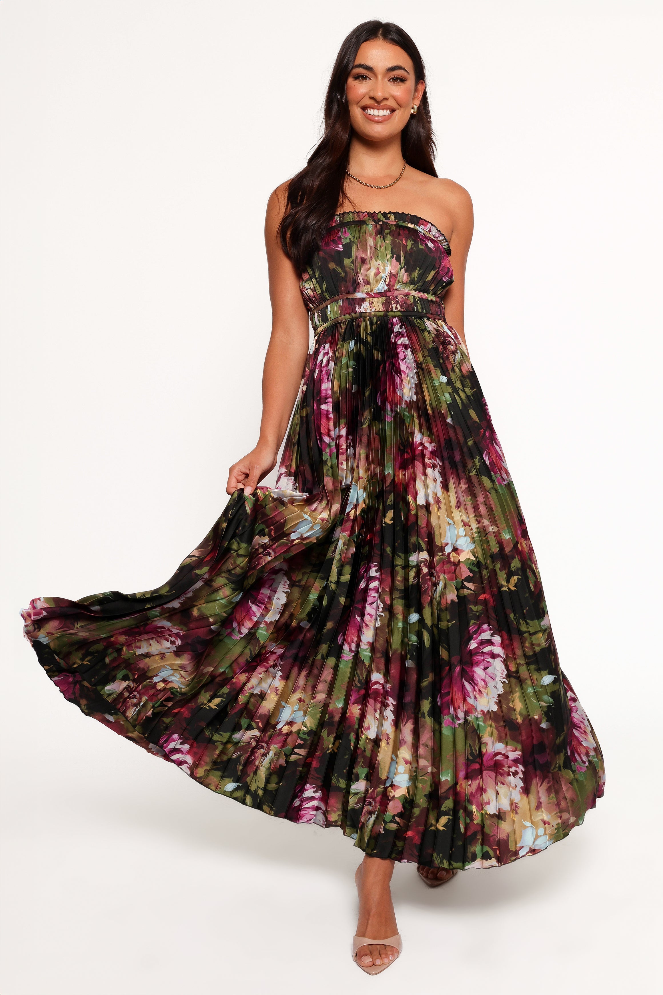 Angelique Strapless Maxi Dress - Grey Blurred Floral-Aur Fashion
