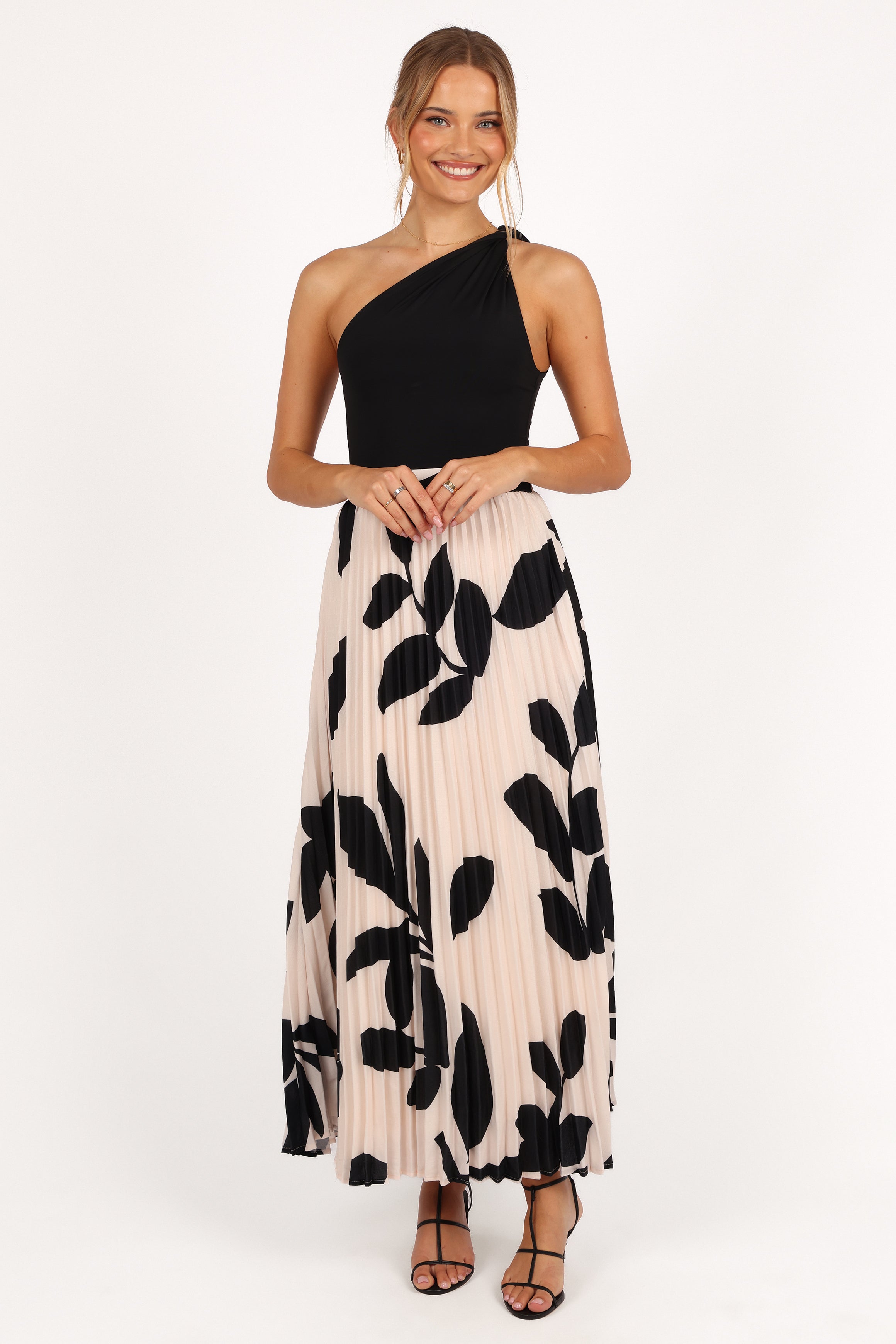 Aurora Pleated Maxi Skirt - Cream Black Floral-Aur Fashion