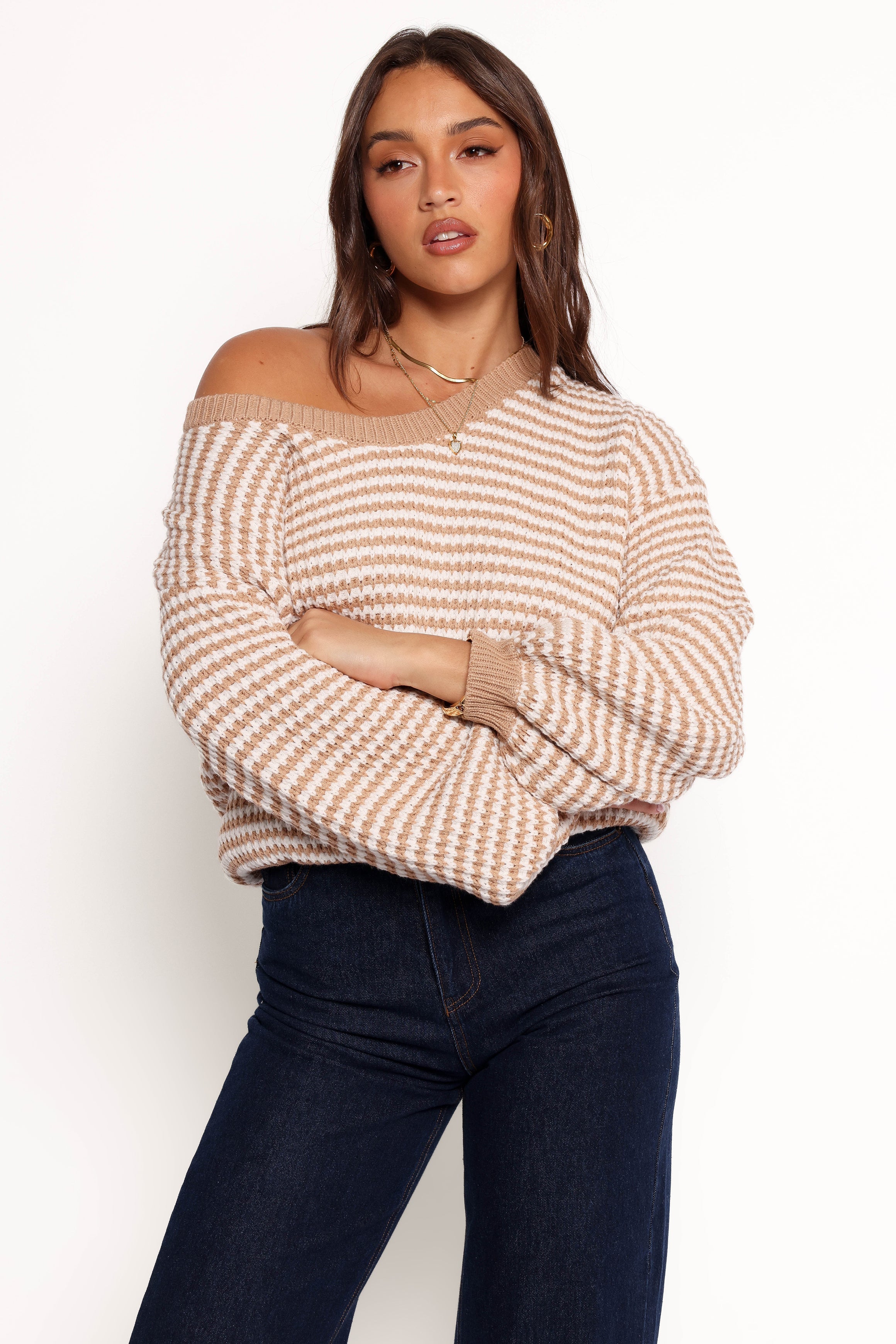 Becca Crewneck Waffle Stitch Stripe Knit Sweater - Tan-Aur Fashion