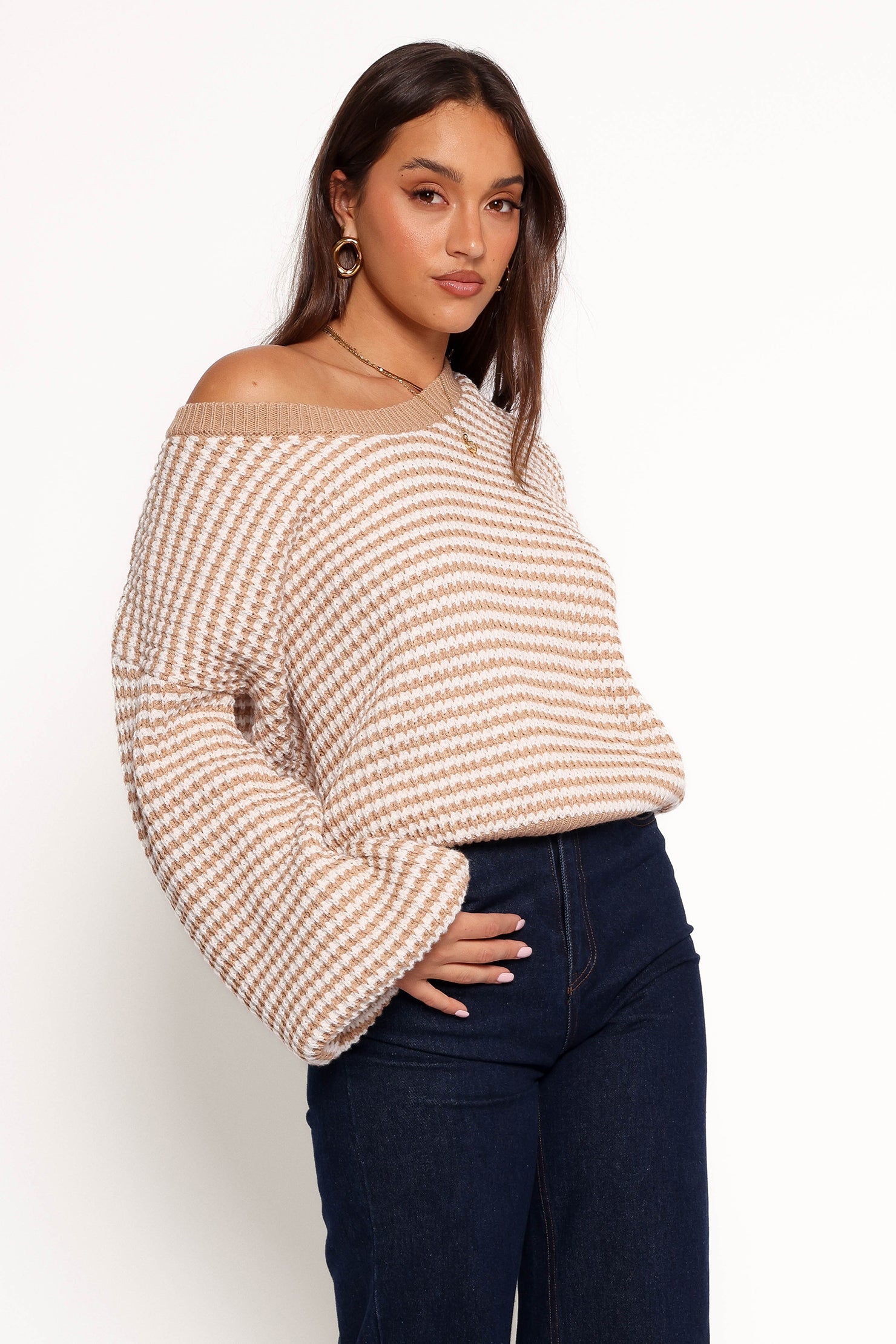 Becca Crewneck Waffle Stitch Stripe Knit Sweater - Tan-Aur Fashion