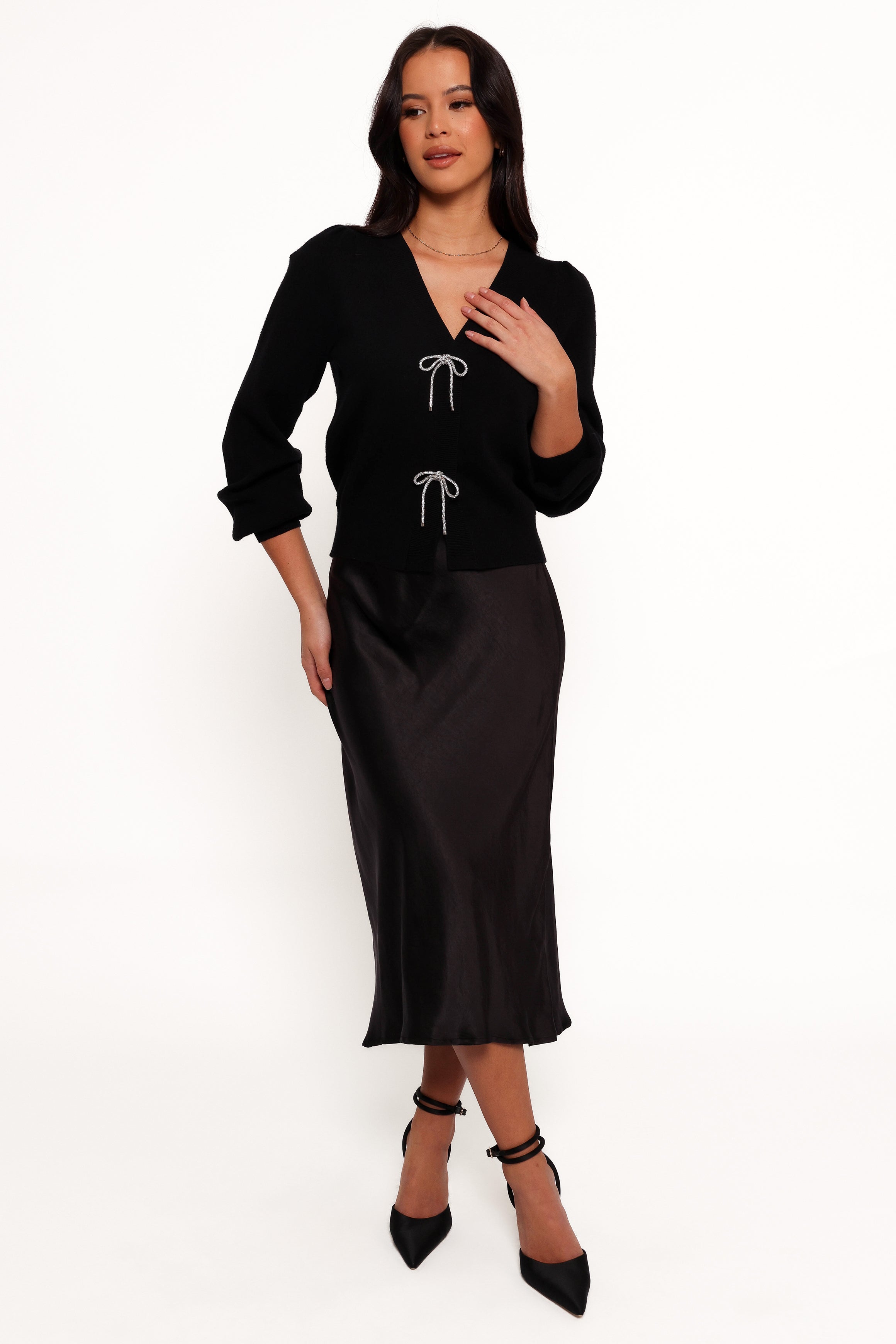 Brayley Long Puff Sleeve Ribbon Trim Cardigan - Black-Aur Fashion