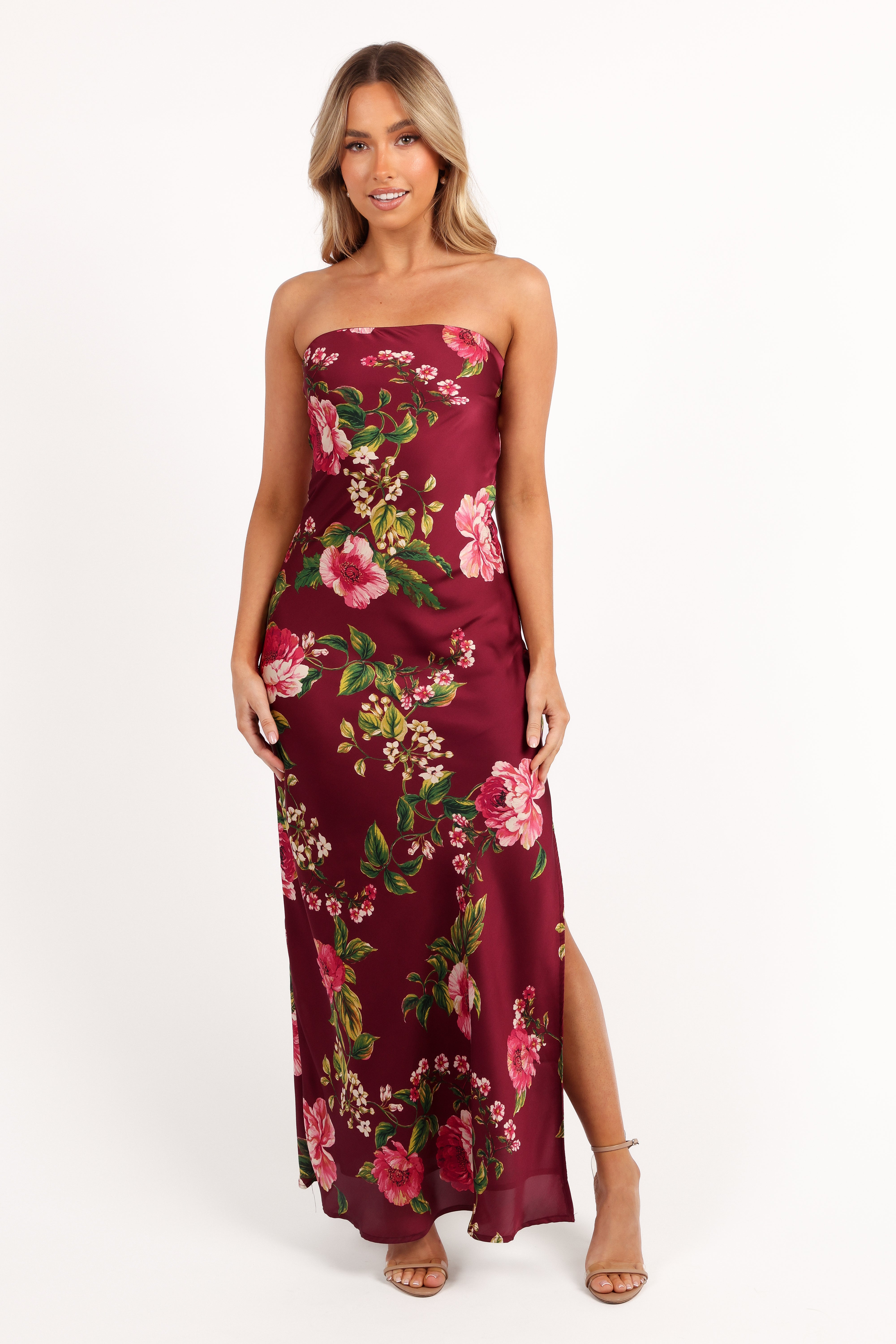 Bryden Maxi Strapless Dress - Burgundy Floral-Aur Fashion