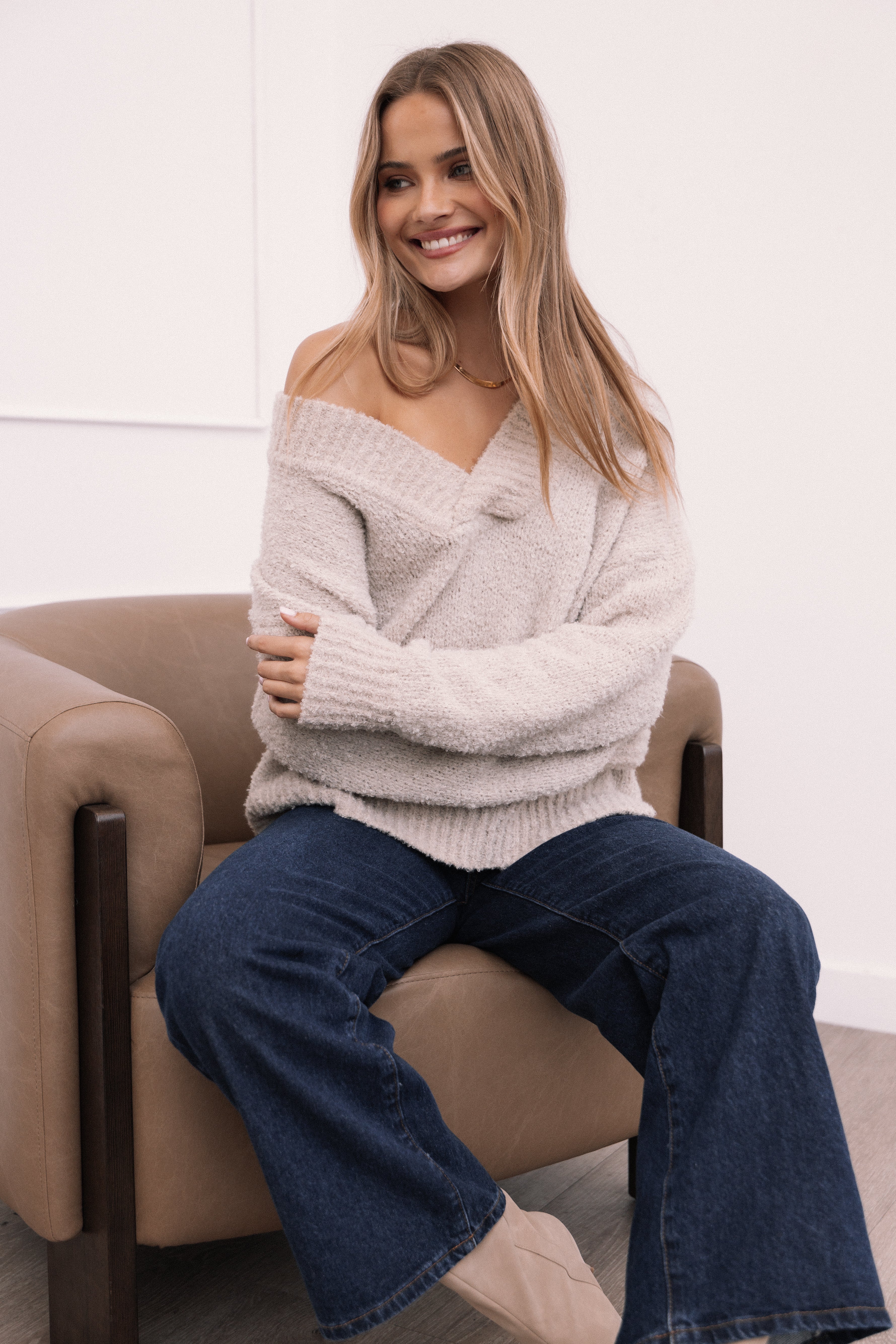 Charisma Vneck Knit Sweater - Beige-Aur Fashion