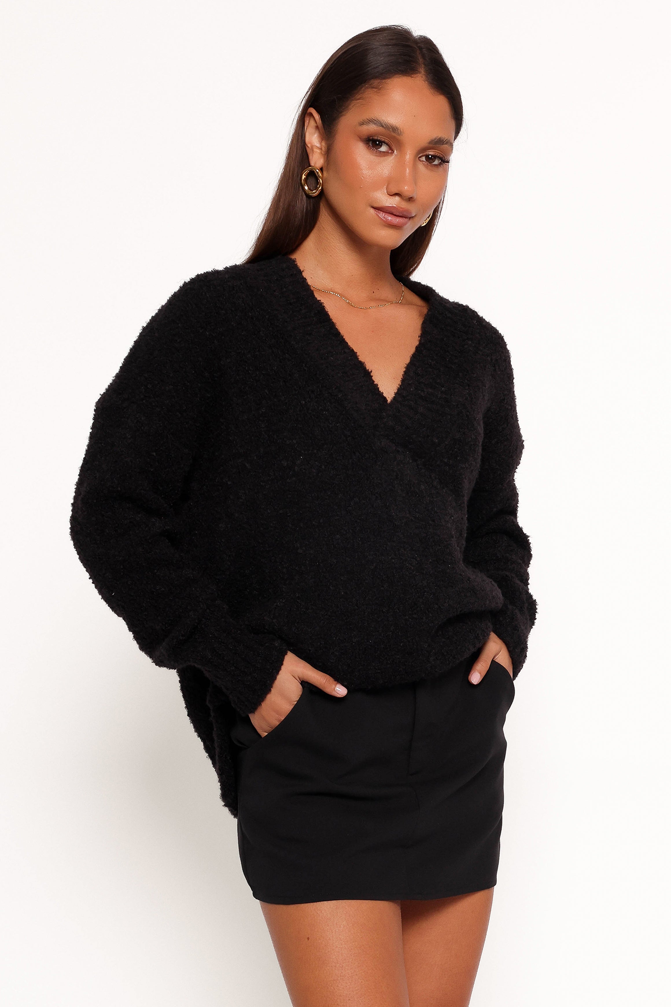 Charisma Vneck Knit Sweater - Black-Aur Fashion