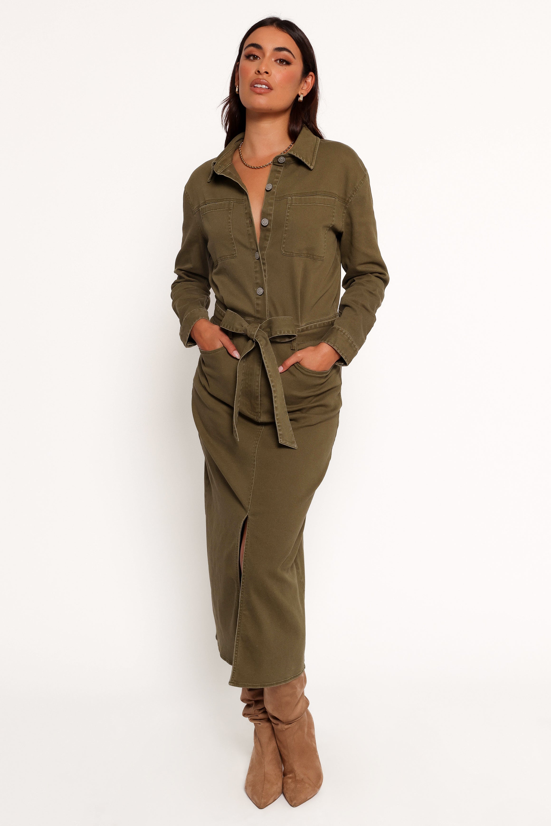 Cortney Long Sleeve Maxi Dress - Olive-Aur Fashion