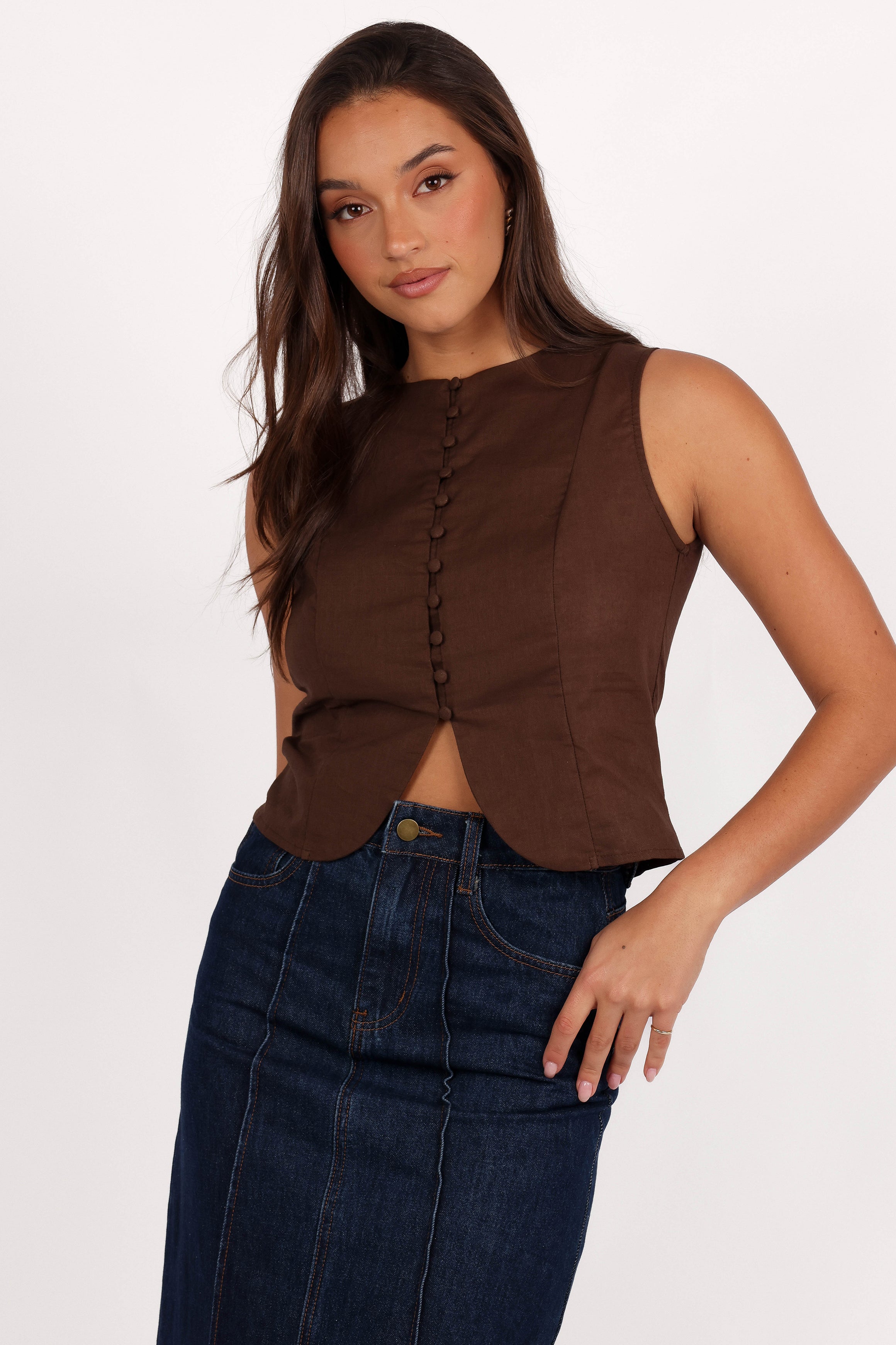 Daniella Linen Vest - Chocolate Brown-Aur Fashion
