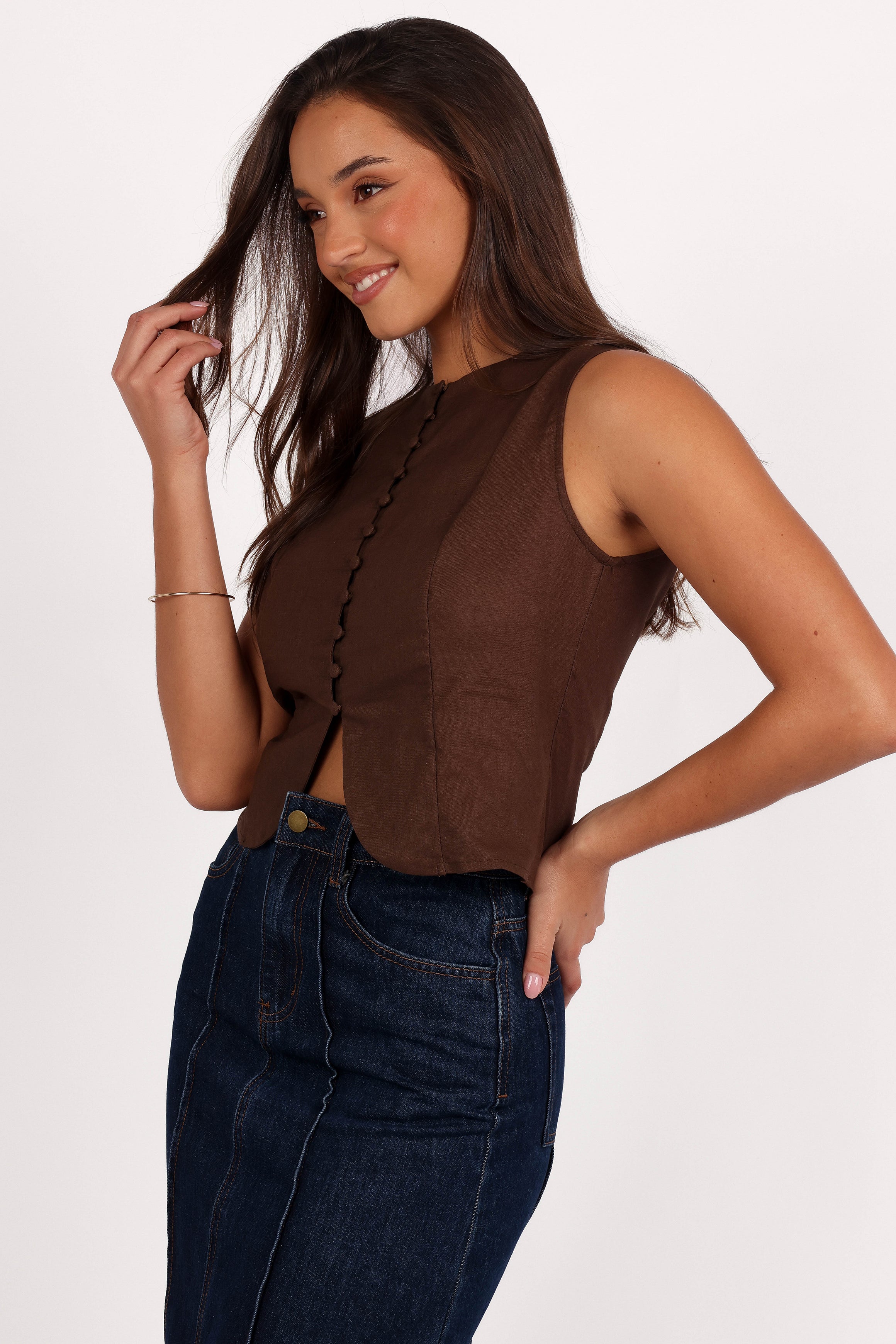 Daniella Linen Vest - Chocolate Brown-Aur Fashion