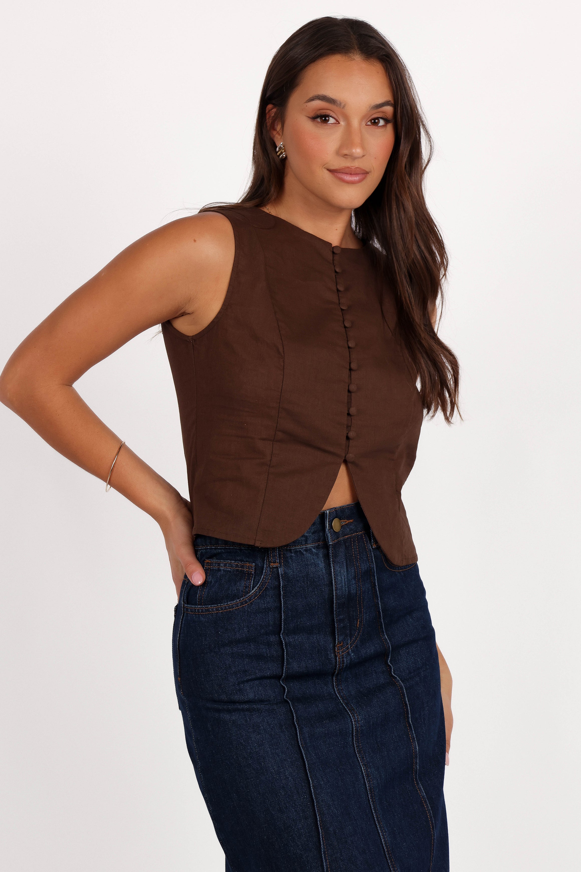Daniella Linen Vest - Chocolate Brown-Aur Fashion