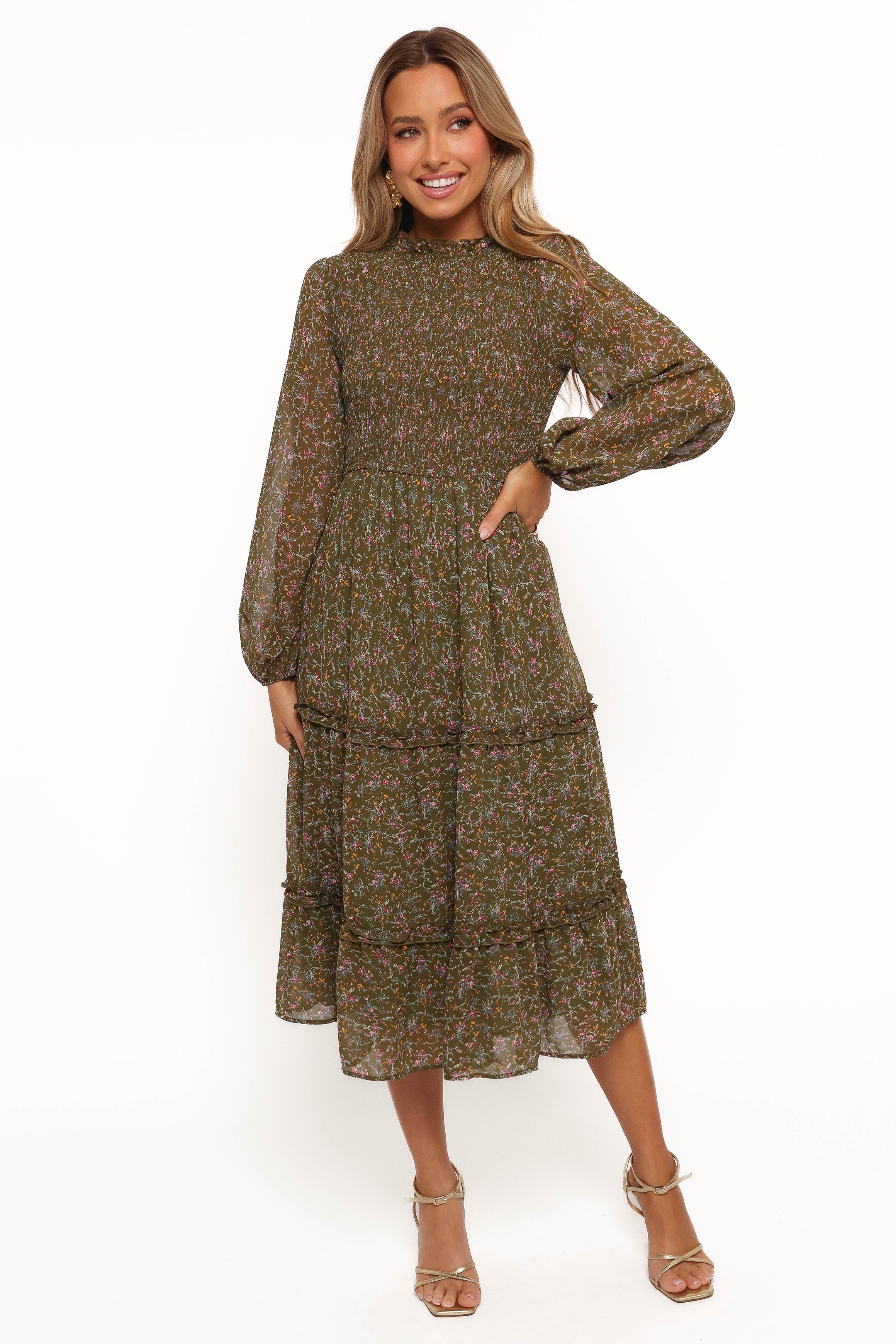 Edwina Shirred Frill Long Sleeve Midi Dress - Olive Floral-Aur Fashion