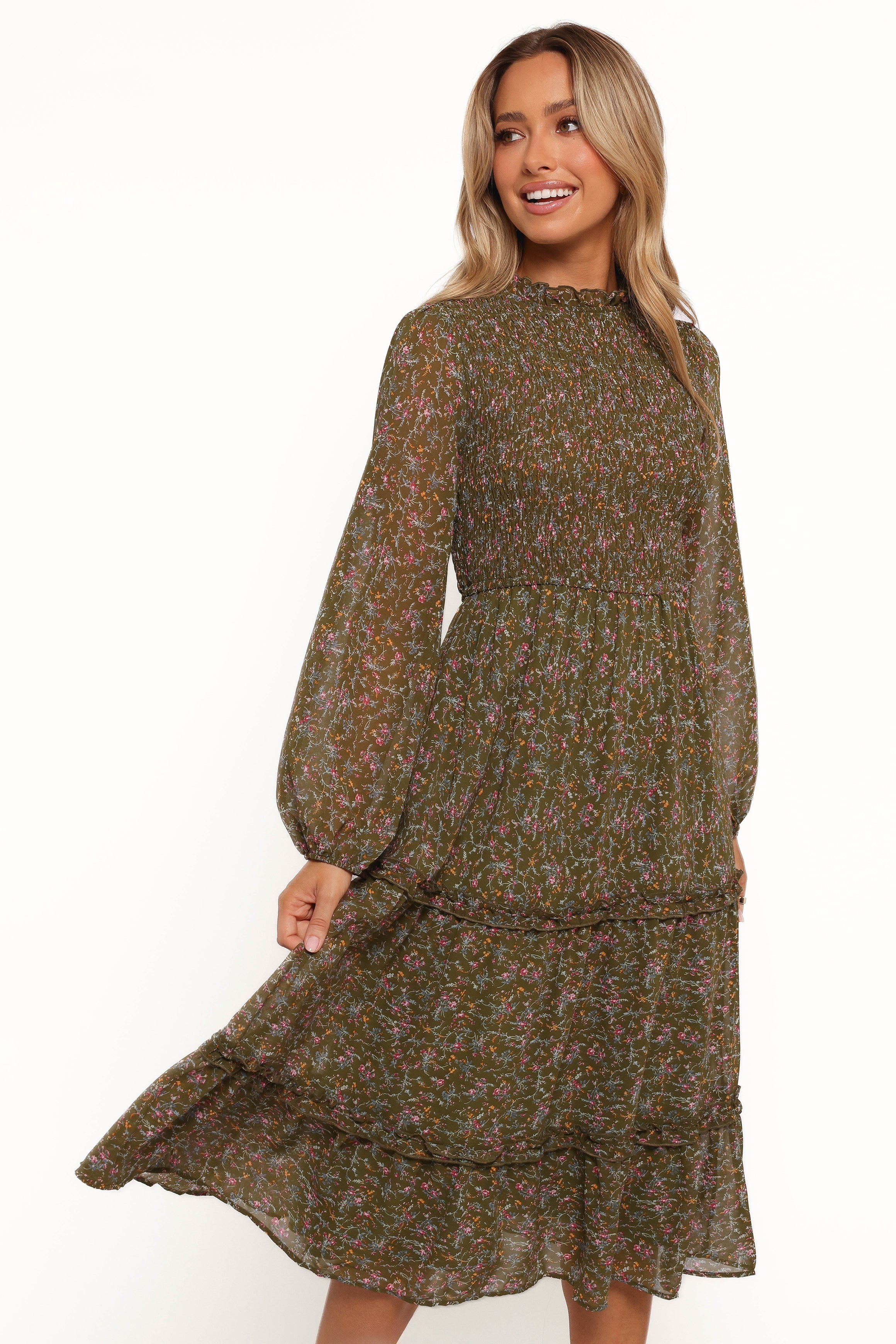 Edwina Shirred Frill Long Sleeve Midi Dress - Olive Floral-Aur Fashion