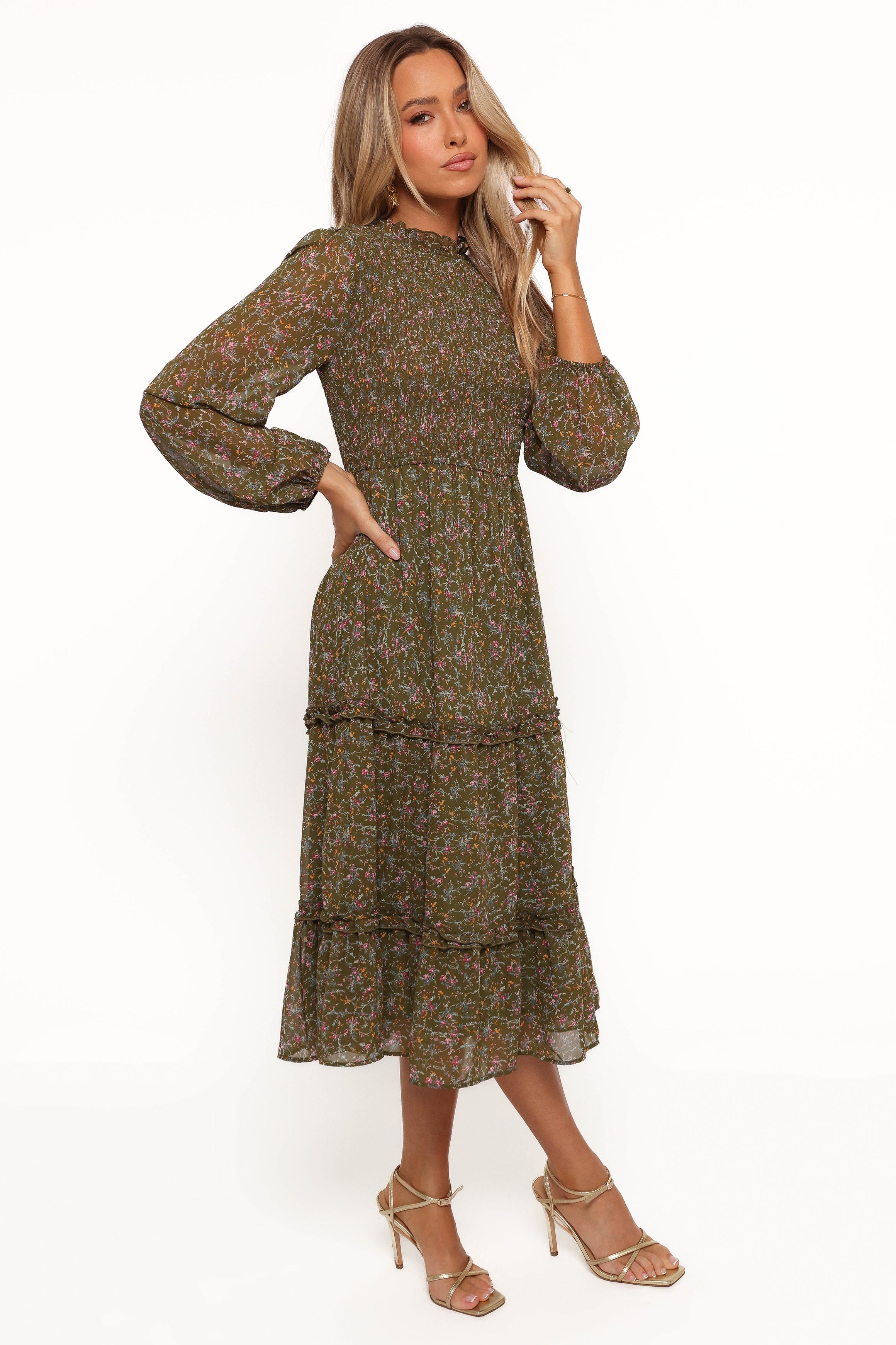 Edwina Shirred Frill Long Sleeve Midi Dress - Olive Floral-Aur Fashion