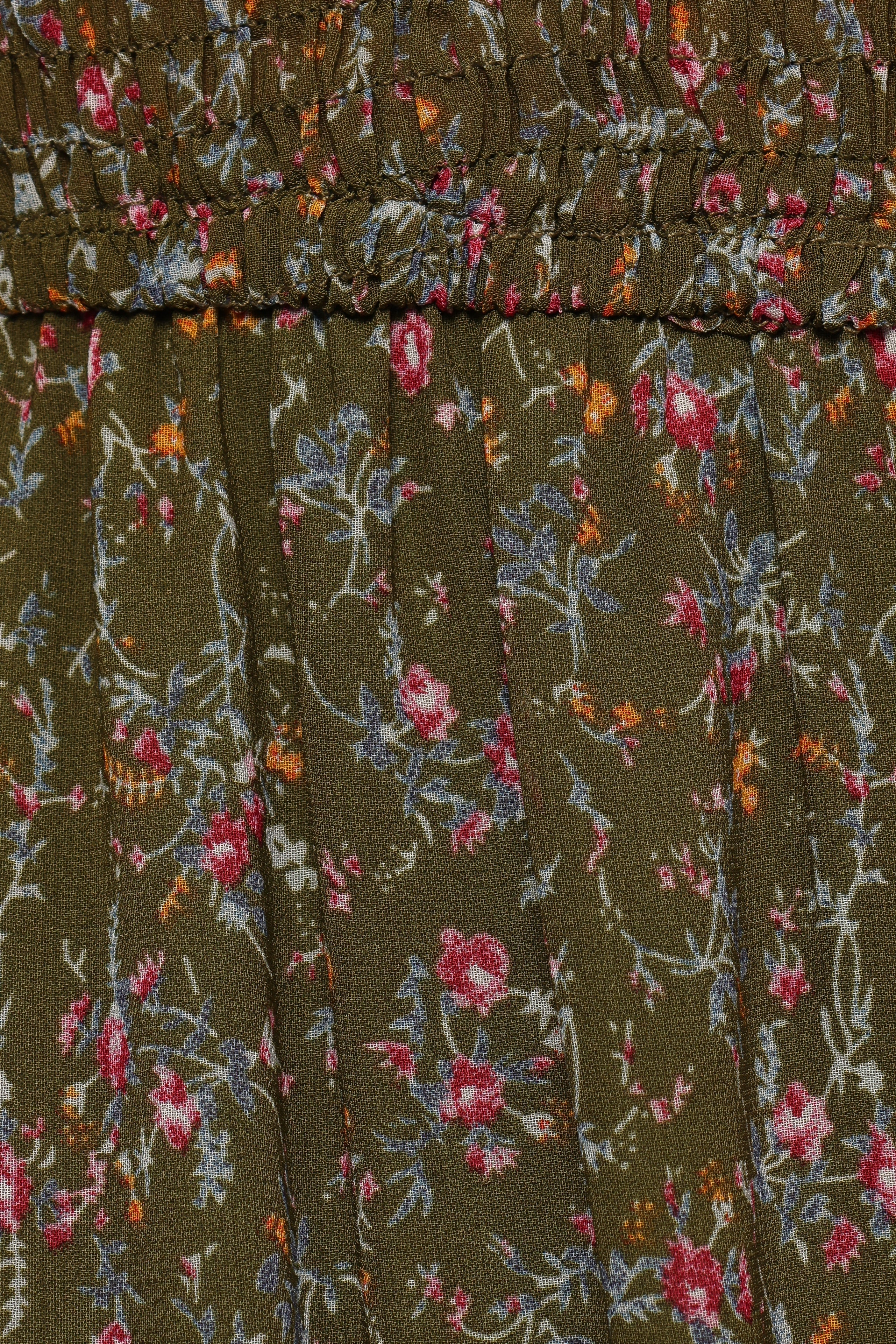 Edwina Shirred Frill Long Sleeve Midi Dress - Olive Floral-Aur Fashion