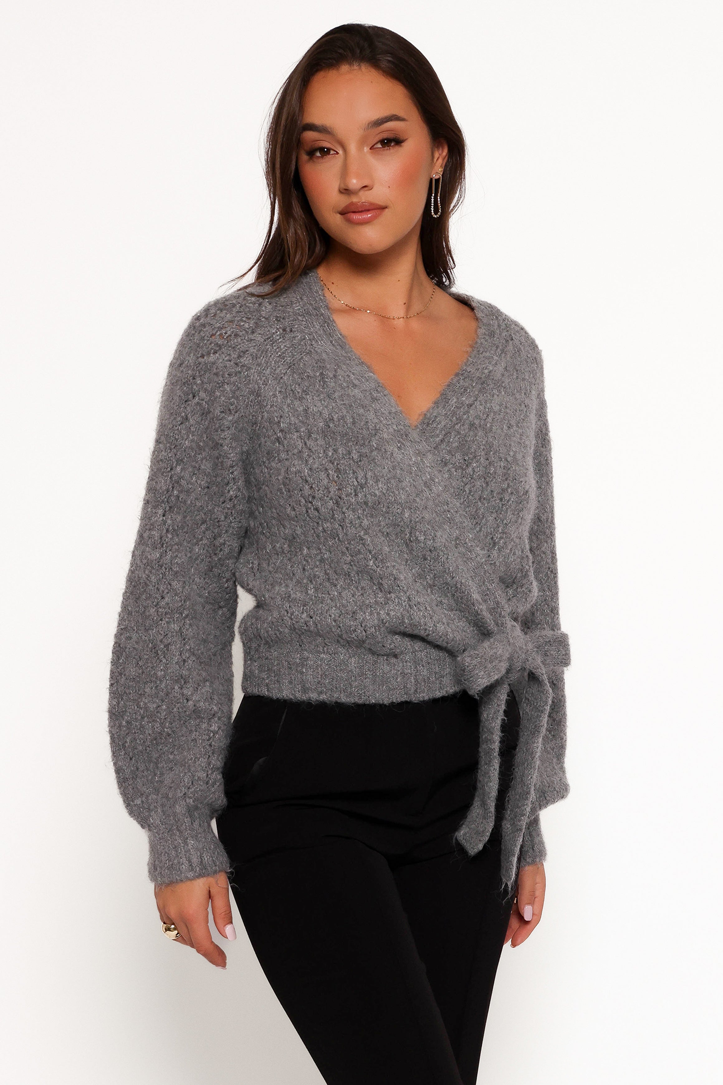 Etta Ballet Wrap Knit Sweater - Heather Grey-Aur Fashion
