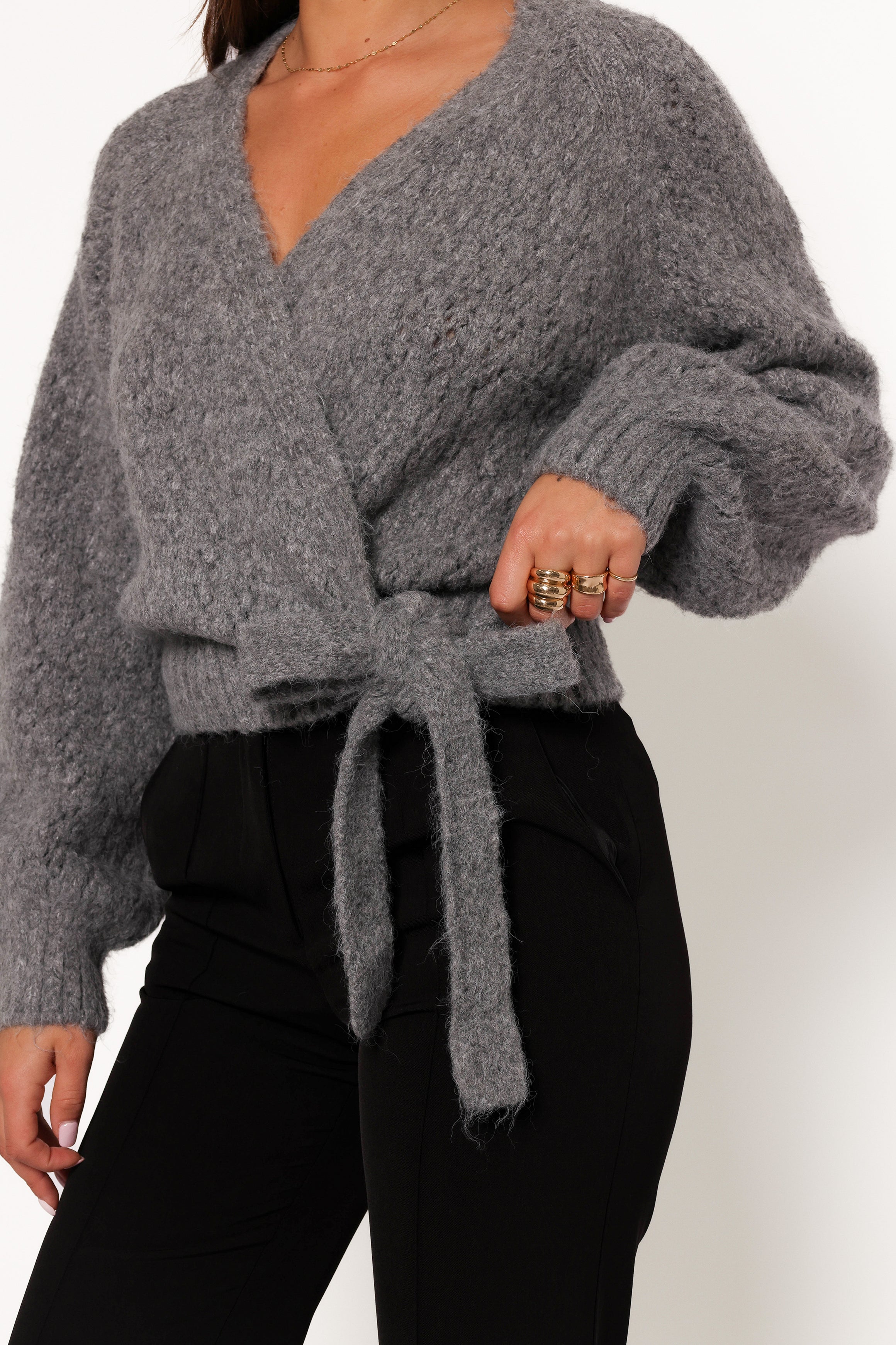 Etta Ballet Wrap Knit Sweater - Heather Grey-Aur Fashion