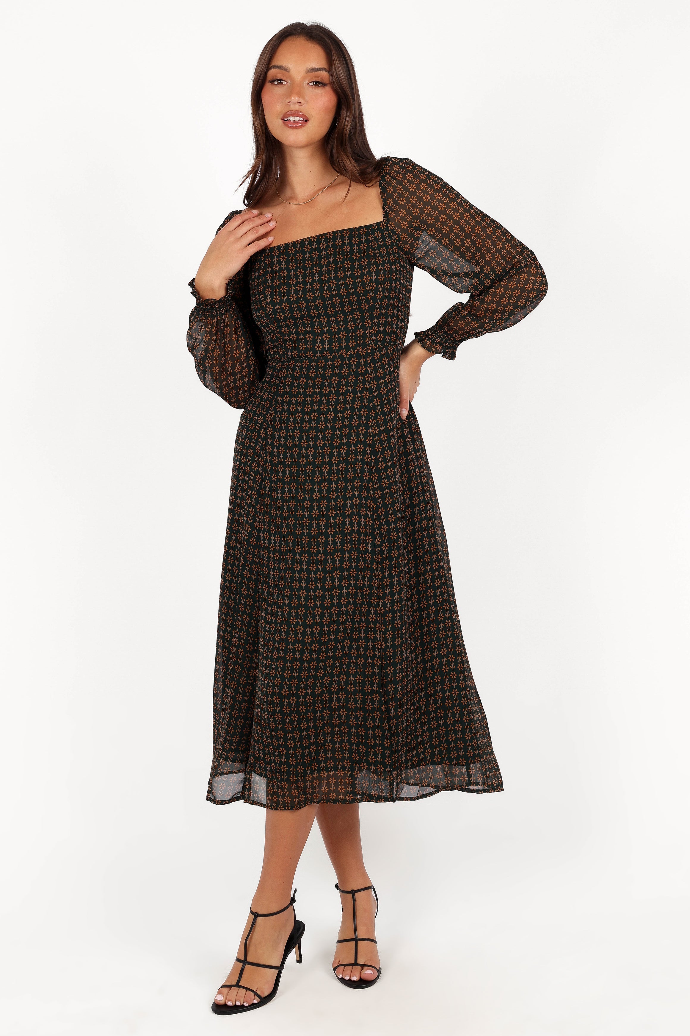 Ettie Long Sleeve Midi Dress - Pine/Tan-Aur Fashion
