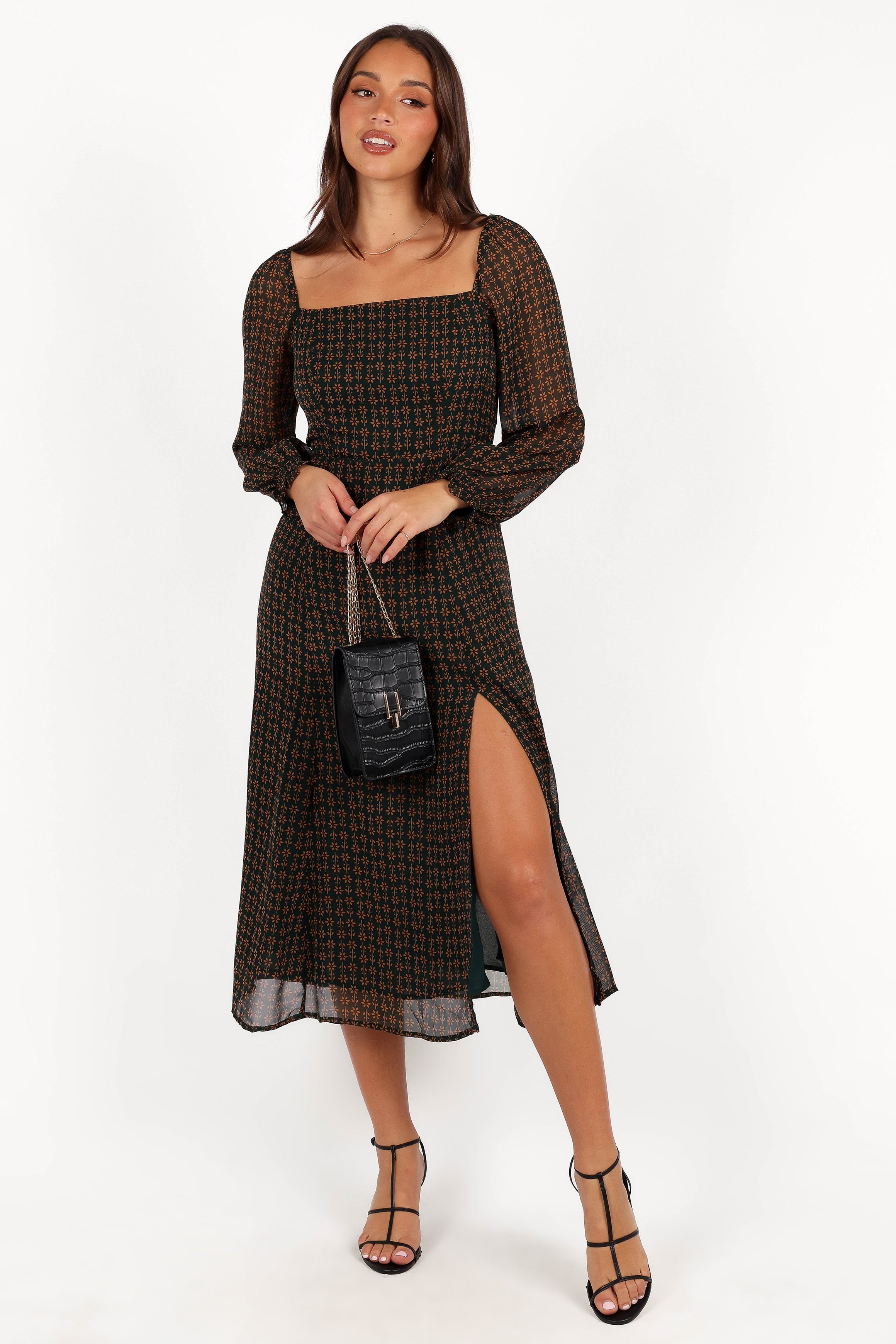 Ettie Long Sleeve Midi Dress - Pine/Tan-Aur Fashion