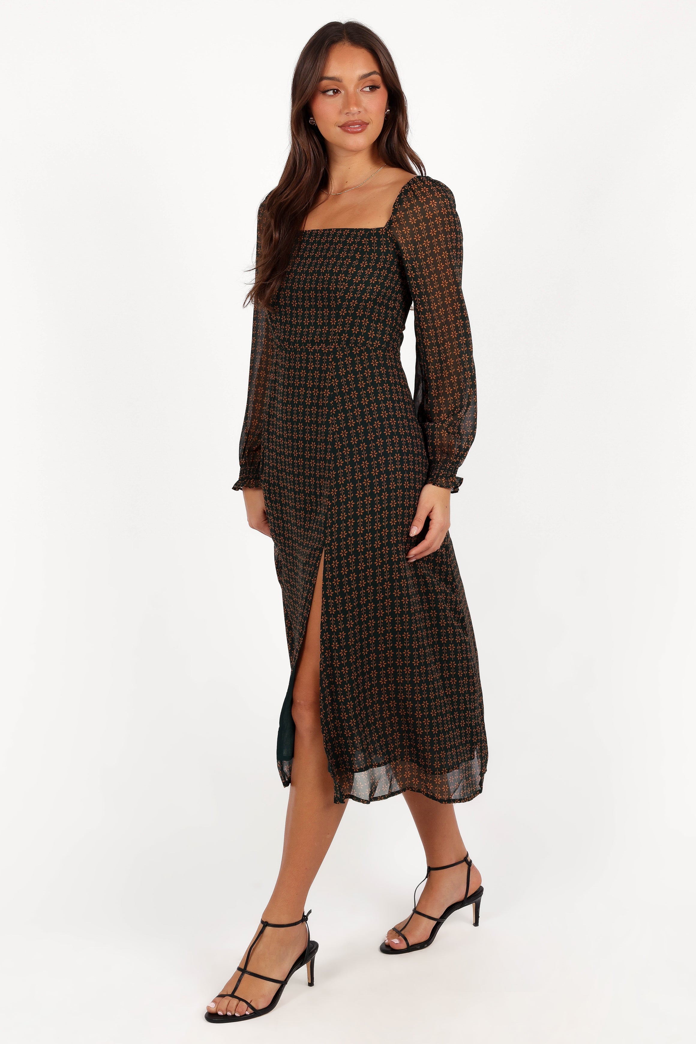 Ettie Long Sleeve Midi Dress - Pine/Tan-Aur Fashion