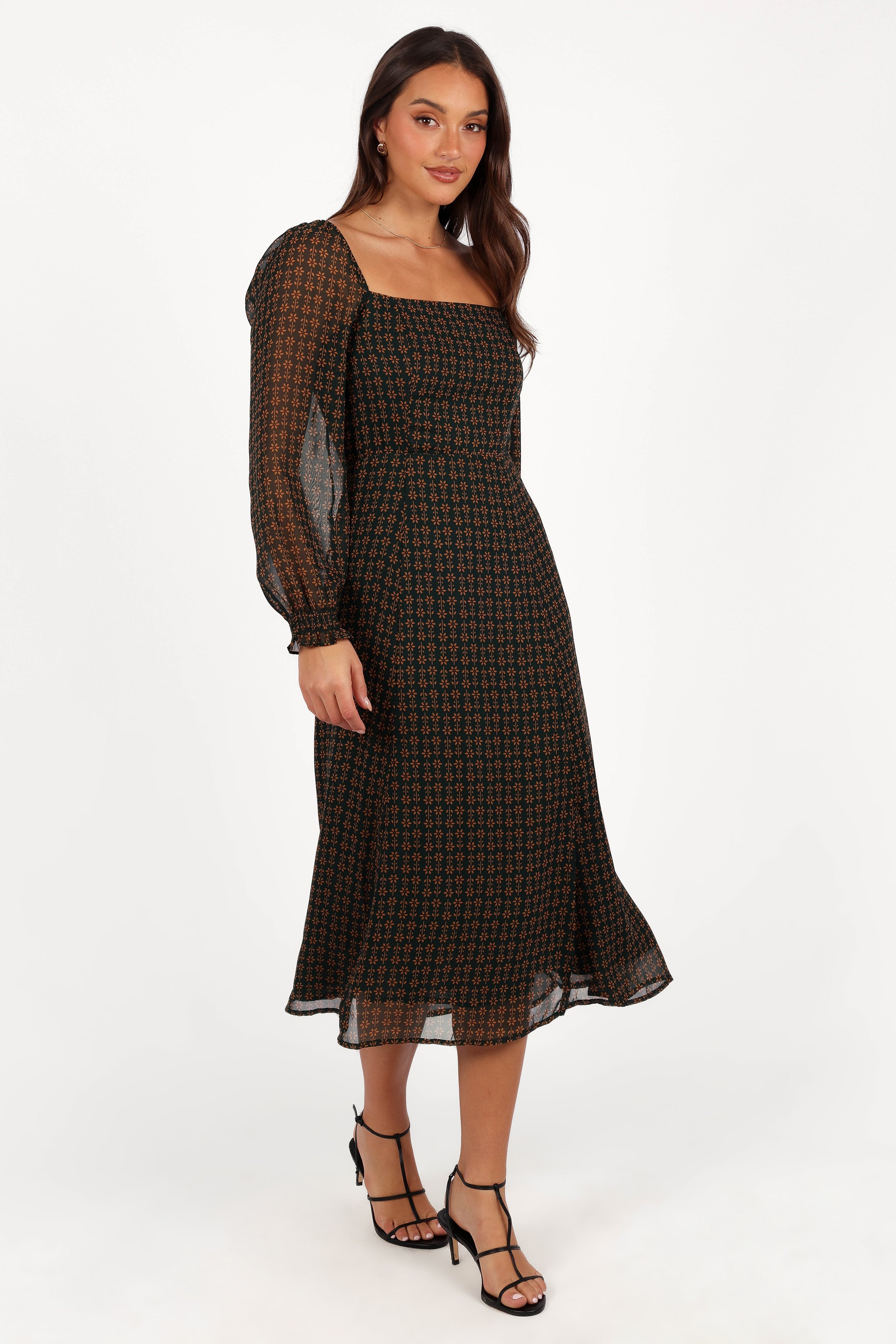 Ettie Long Sleeve Midi Dress - Pine/Tan-Aur Fashion