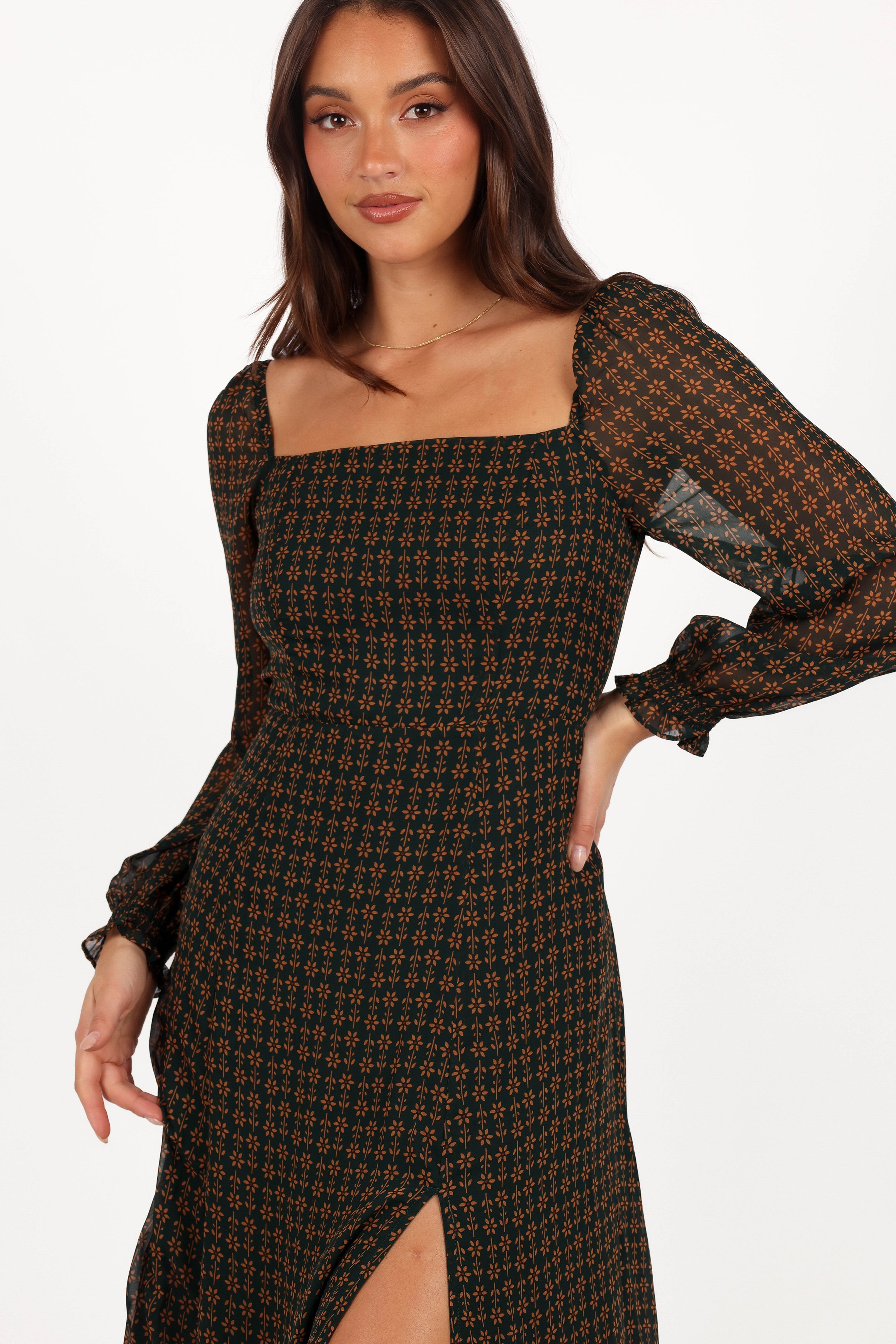 Ettie Long Sleeve Midi Dress - Pine/Tan-Aur Fashion