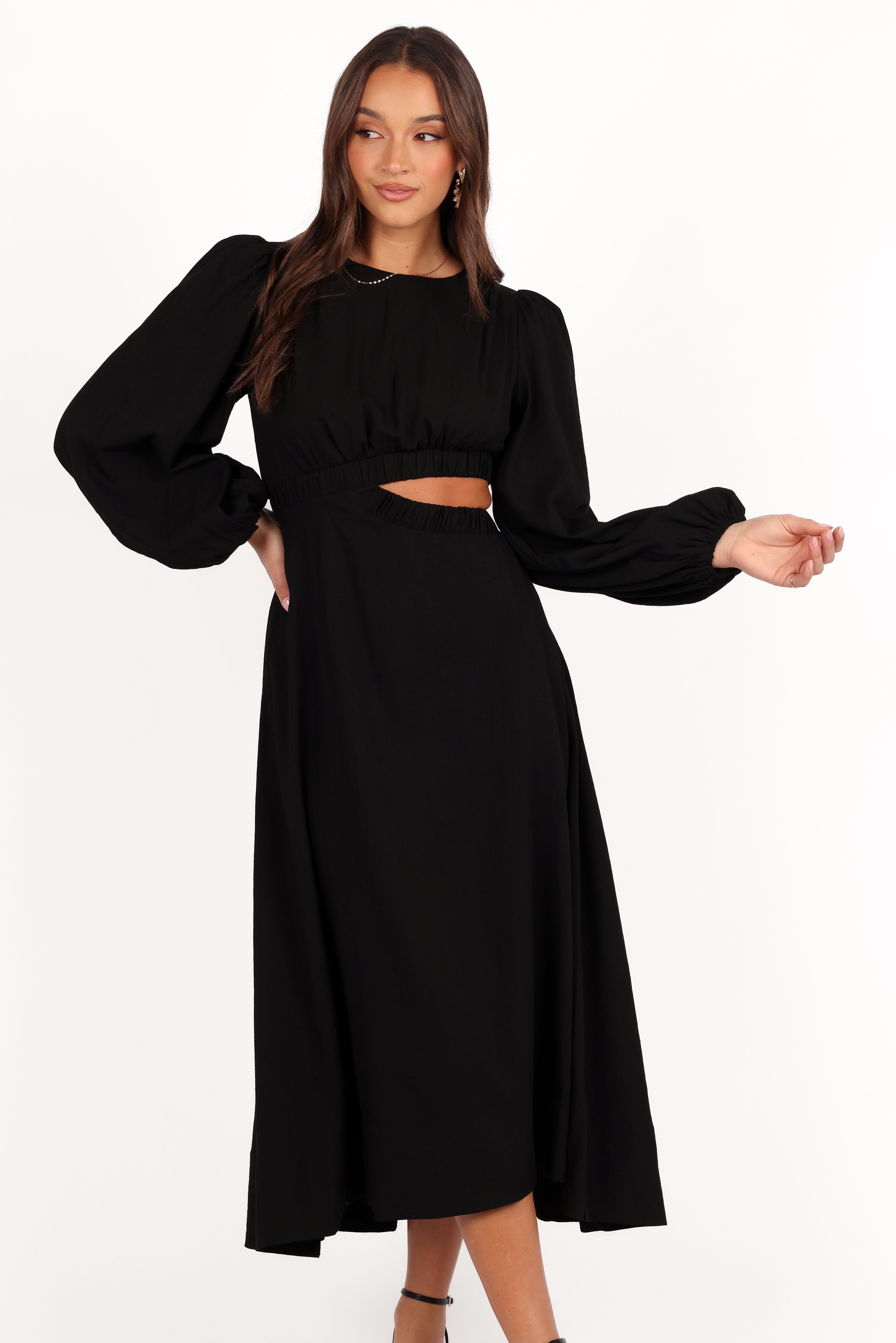 Ginnee Puff Sleeve Cutout Midi Dress - Black-Aur Fashion