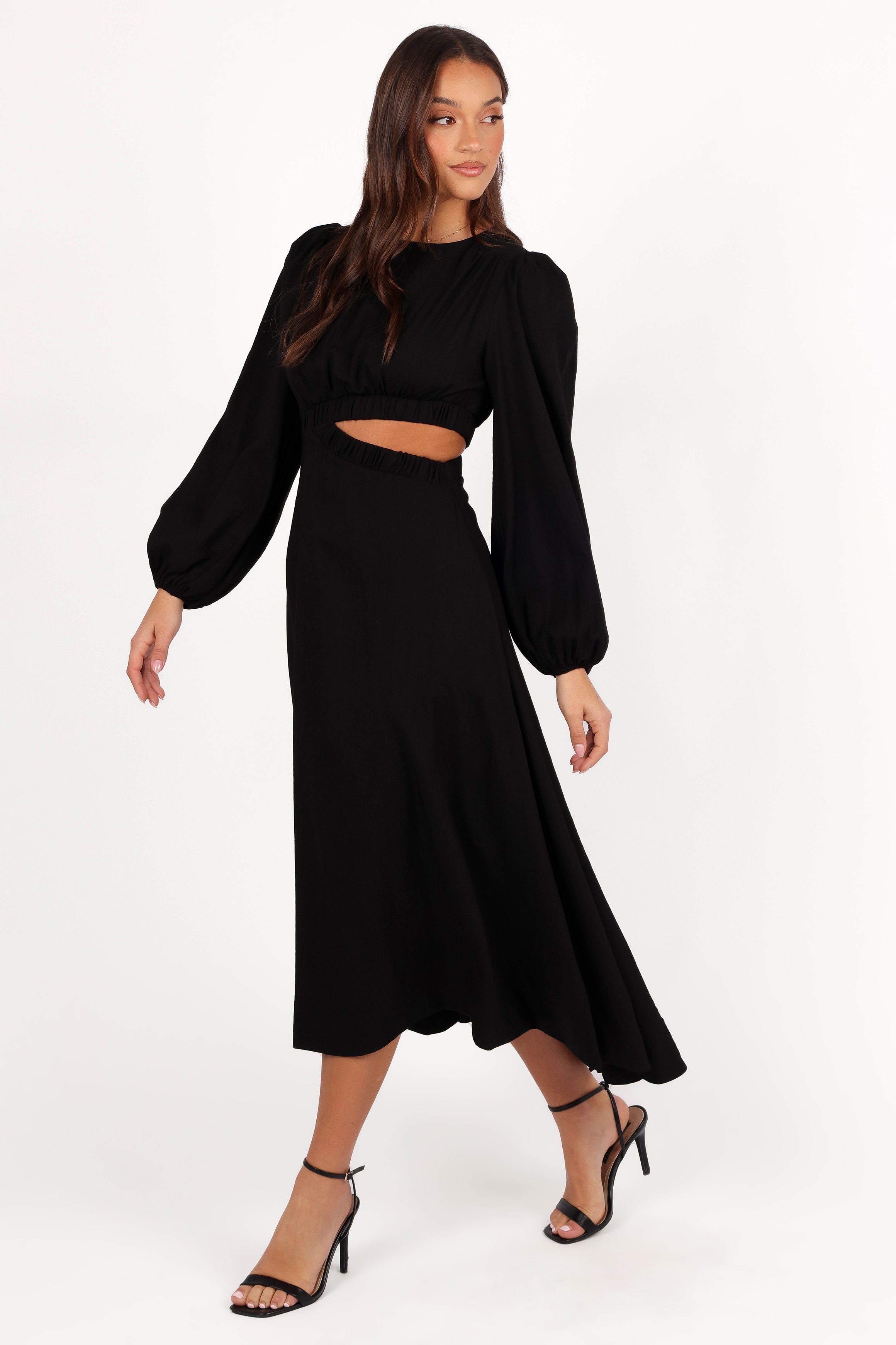 Ginnee Puff Sleeve Cutout Midi Dress - Black-Aur Fashion