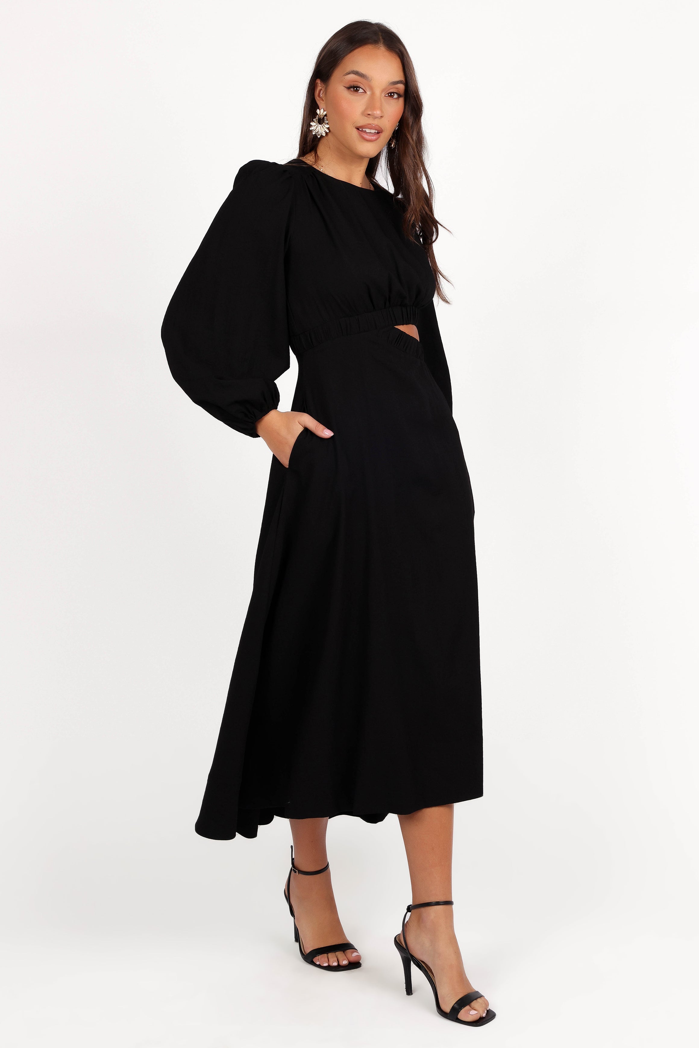 Ginnee Puff Sleeve Cutout Midi Dress - Black-Aur Fashion