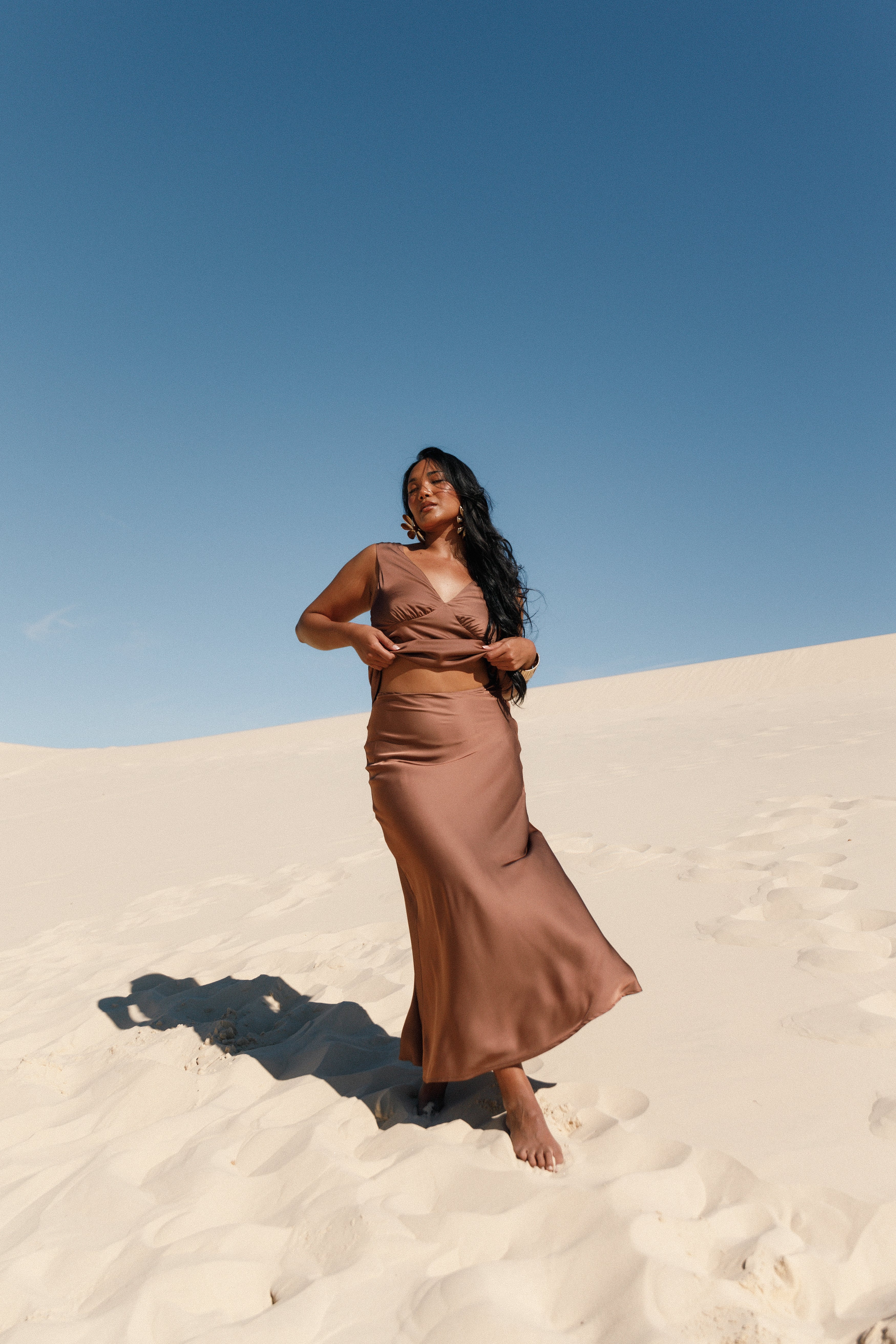 Nellie Satin Midi Skirt - Banksia Brown-Aur Fashion