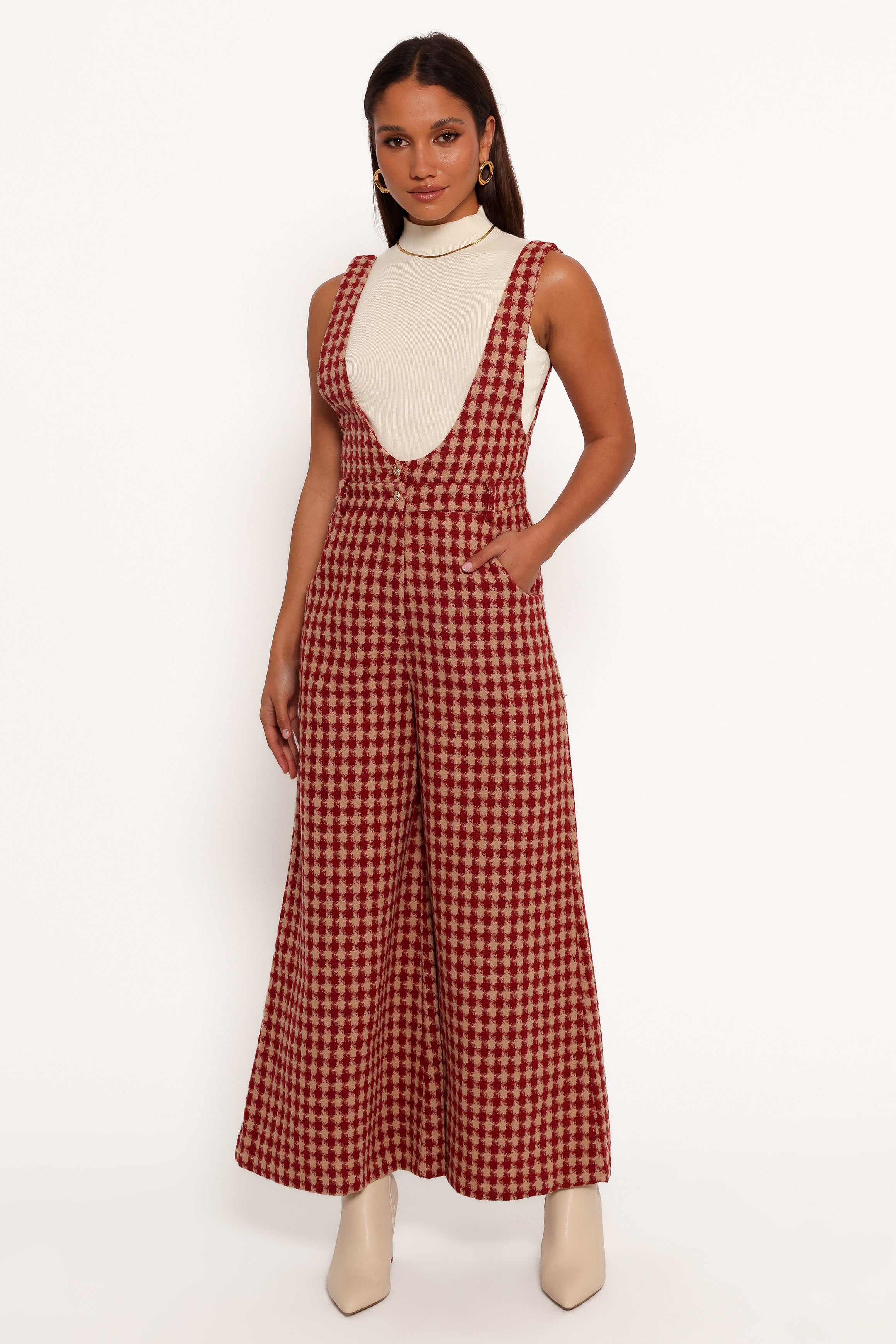 Jackson Jumpsuit - Dark Red Houndstooth-Aur Fashion