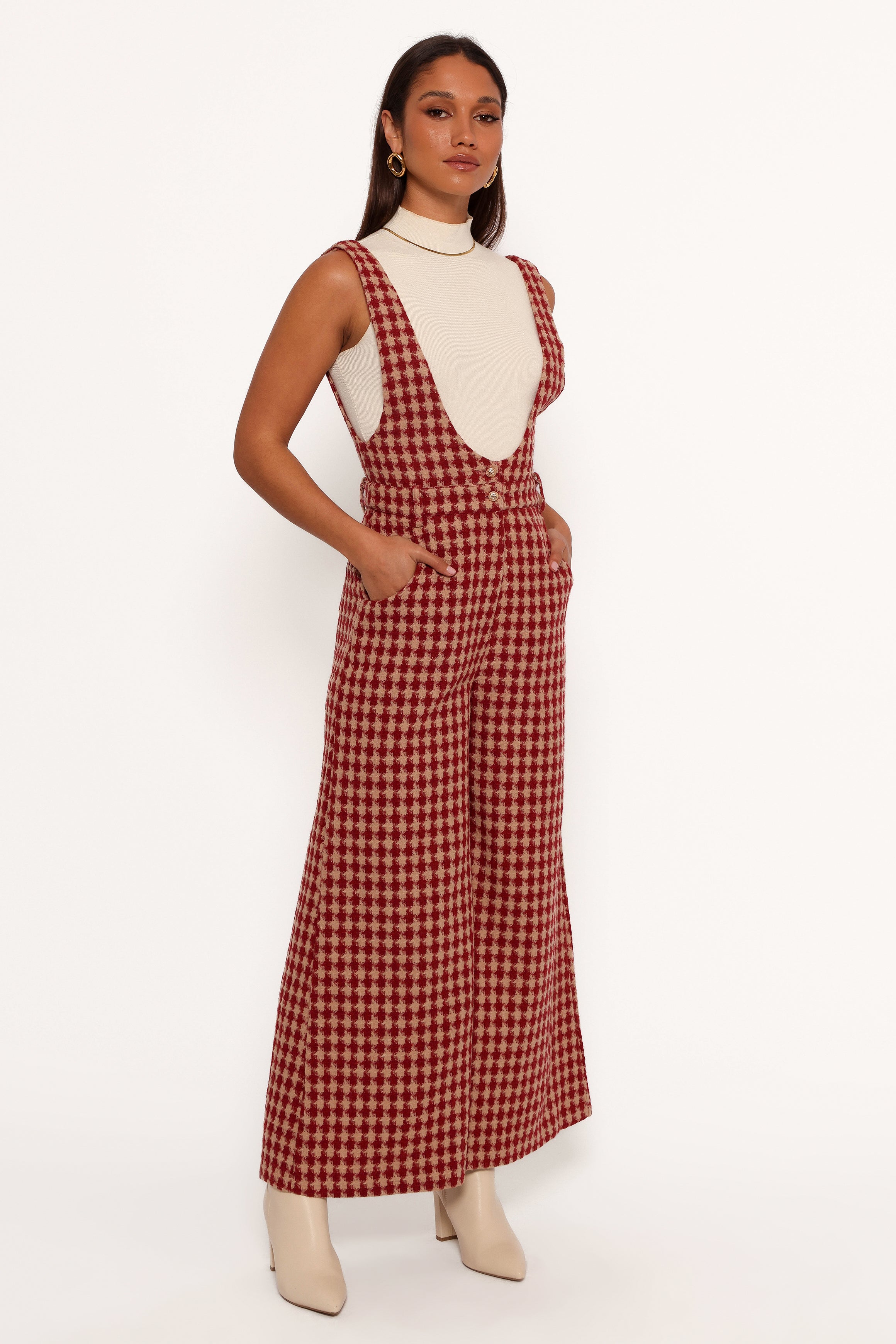Jackson Jumpsuit - Dark Red Houndstooth-Aur Fashion