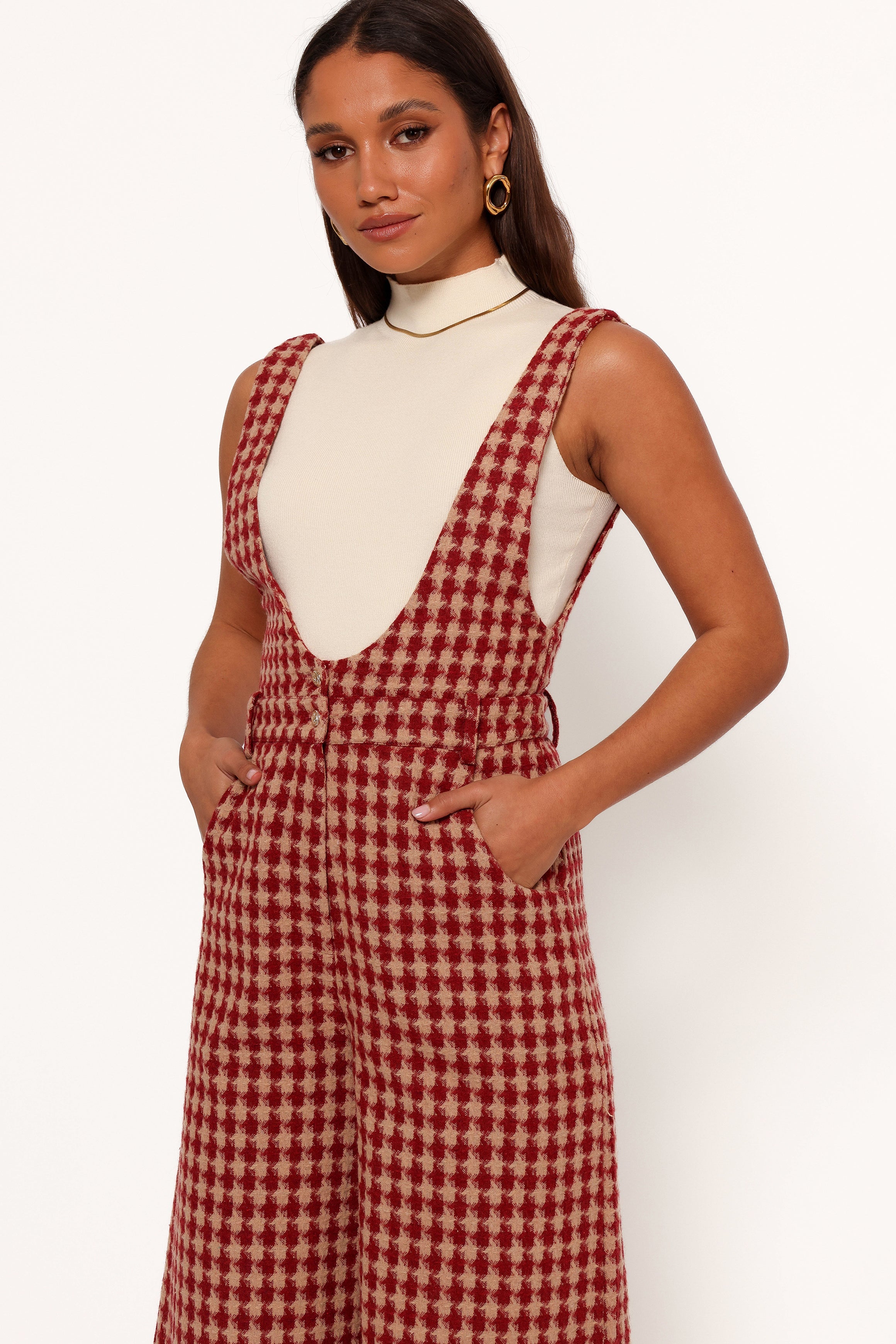 Jackson Jumpsuit - Dark Red Houndstooth-Aur Fashion