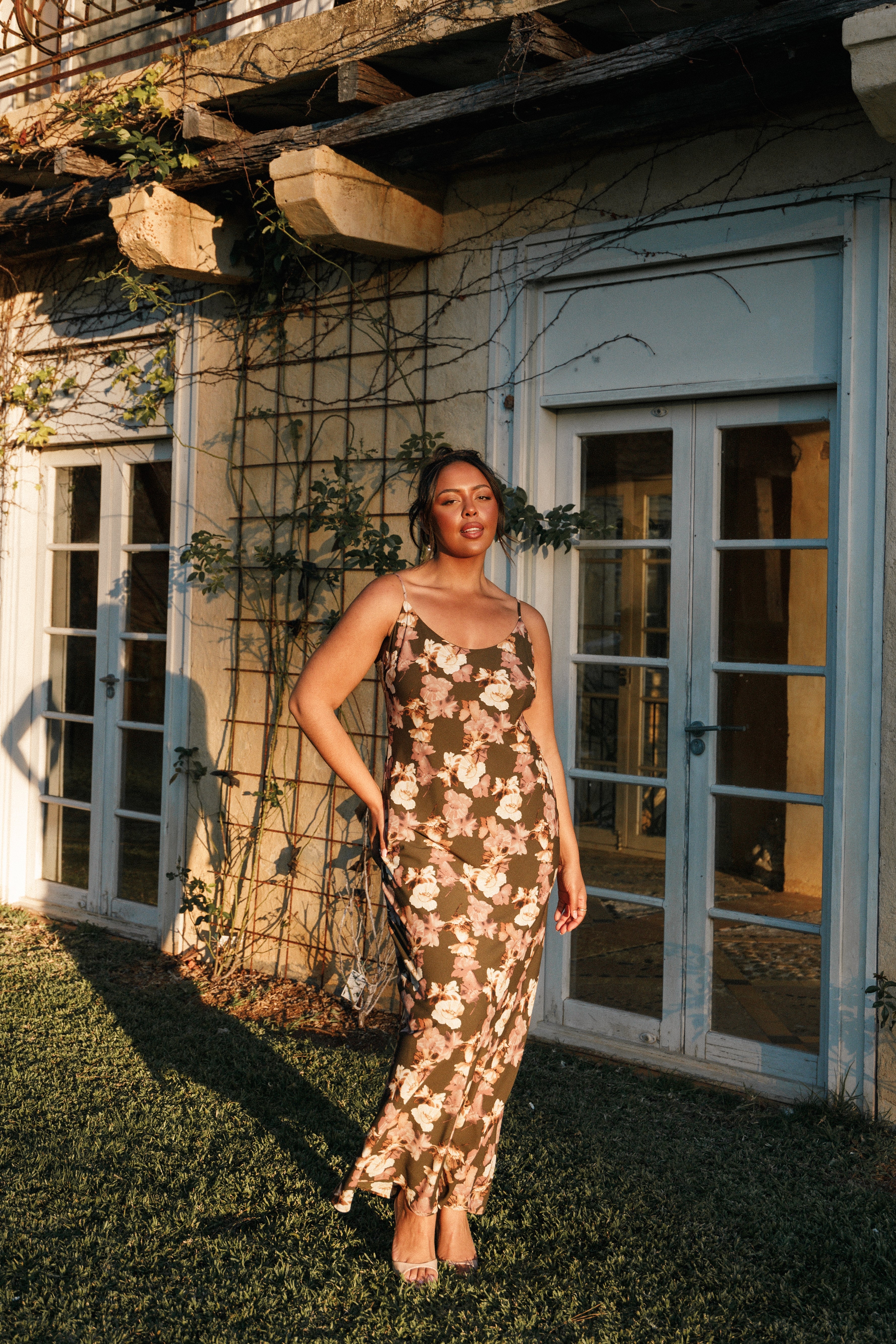 Jamie Maxi Slip Dress - Olive Floral-Aur Fashion